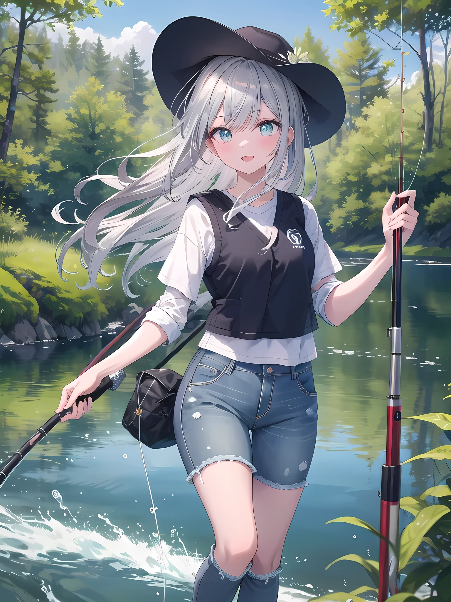 (8k, best quality, master piece: 1.2),super high resolution,1 girl, solo, ((colorshift eyes, hyperdetailed, expressive eyes)), ultra-detailed face, random hair, silver gray color, Ecstatic expression,He is fishing by a quiet lake. The blue sky and green forest reflected on the lake's surface create a beautiful scene. He has long silver hair held down by a hat, and is wearing a casual fishing vest and jeans. He looks relaxed as he holds his fishing rod.