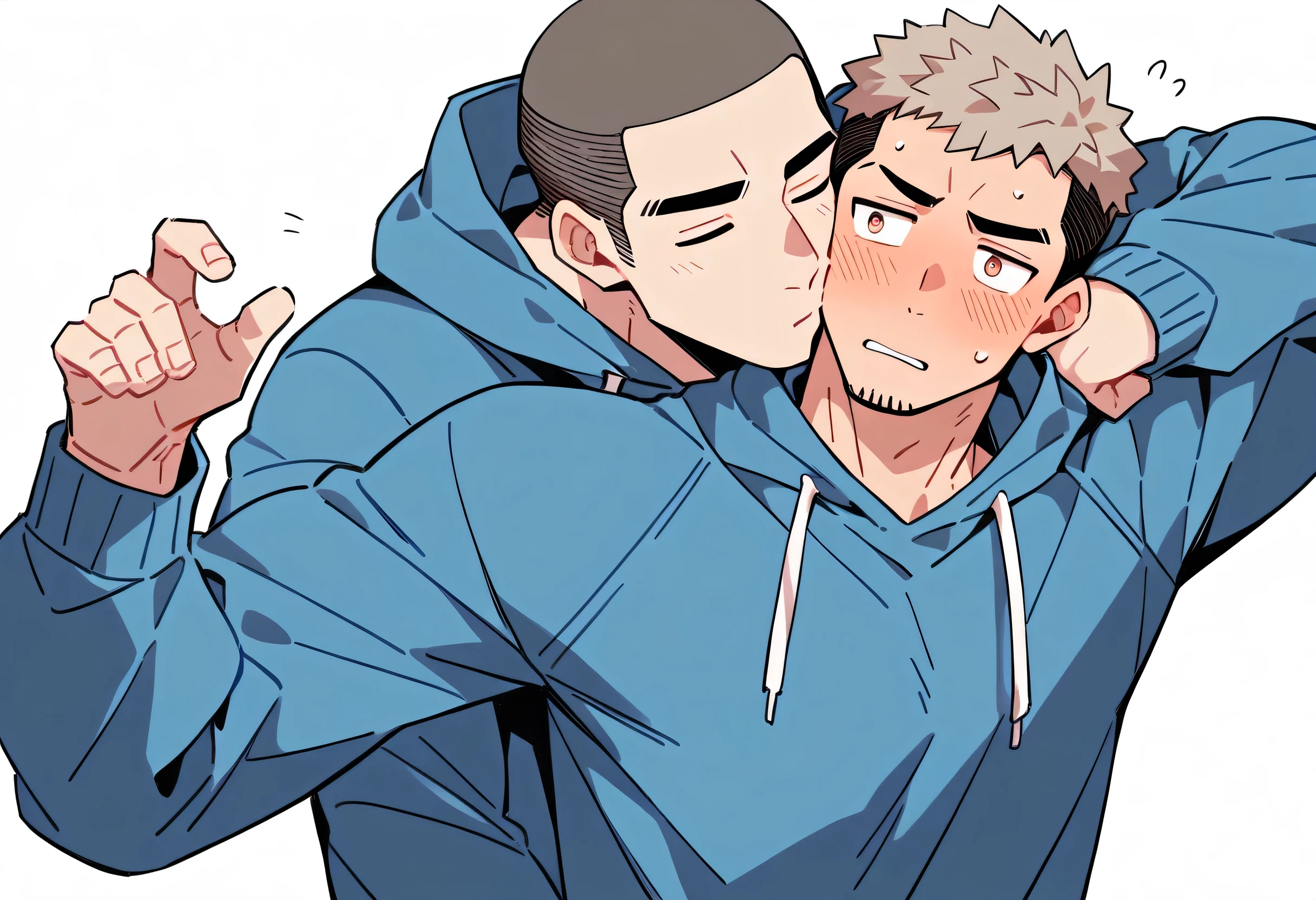 anime characters：Priapus and Dark-skinned muscular athlete, They hugged each other, kiss, Buzz Cut, Manliness, male focus, Sports tight hooded sweatshirt, Very tight, full and perky chest muscles, muscular male, muscular, only, Upper body, alone, Red short hair, Thick eyebrows, stubble, Brown-red pupils, White background, simple background, amazing quality, best aesthetics, Ridiculous, crew cut, parted lips, flustered, endured face, shy, blush, negative space, negative space, best quality