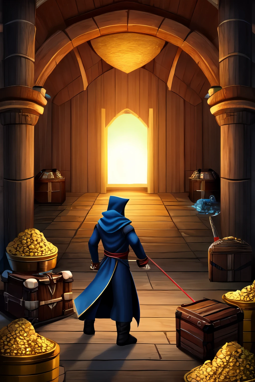 ninja archer, treasure chest, giant room, dark blue archer outfit, archer looking here