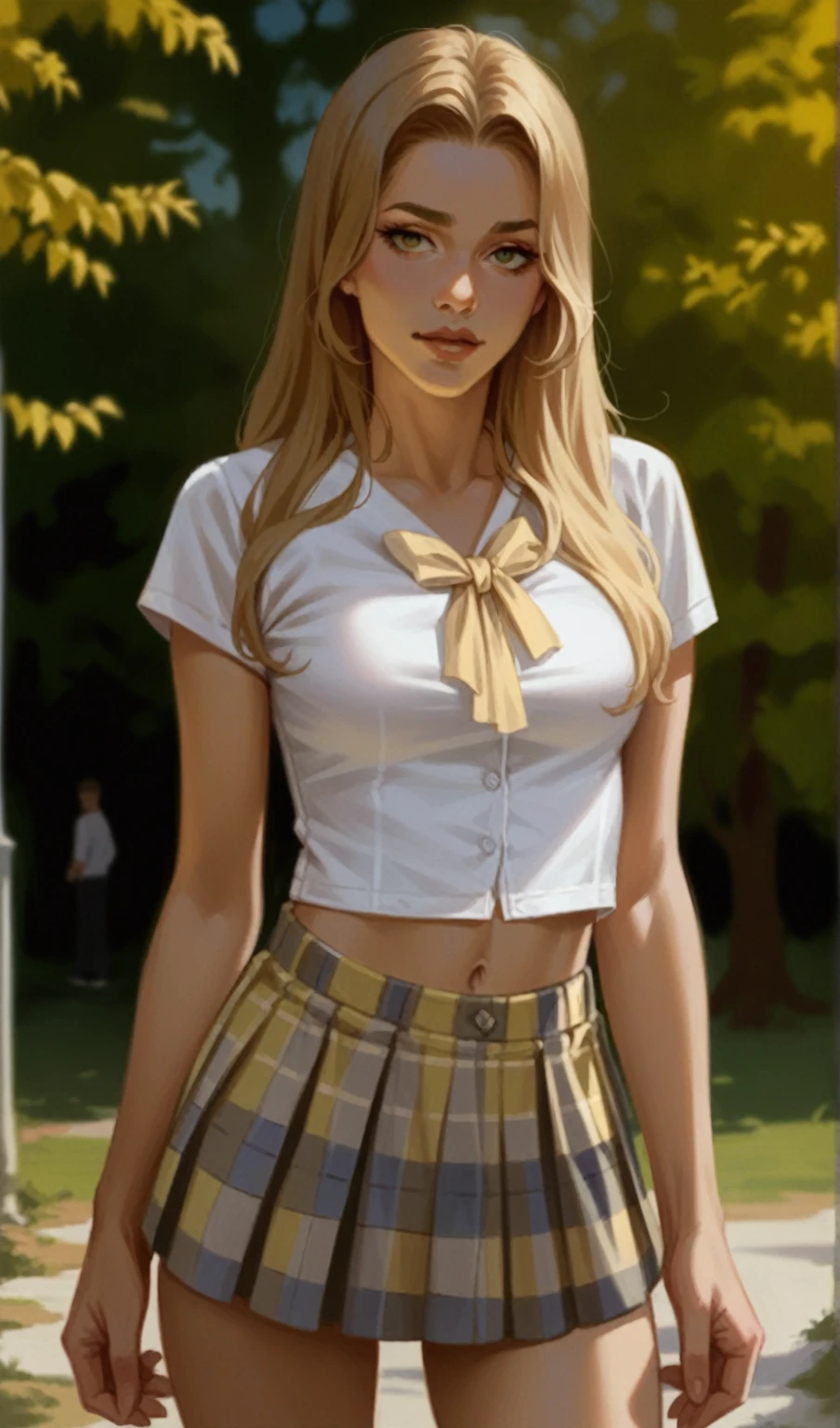 Cheveux bruns,haut et mini jupe couleur noire ,bustier blanc, decord bord de la mer