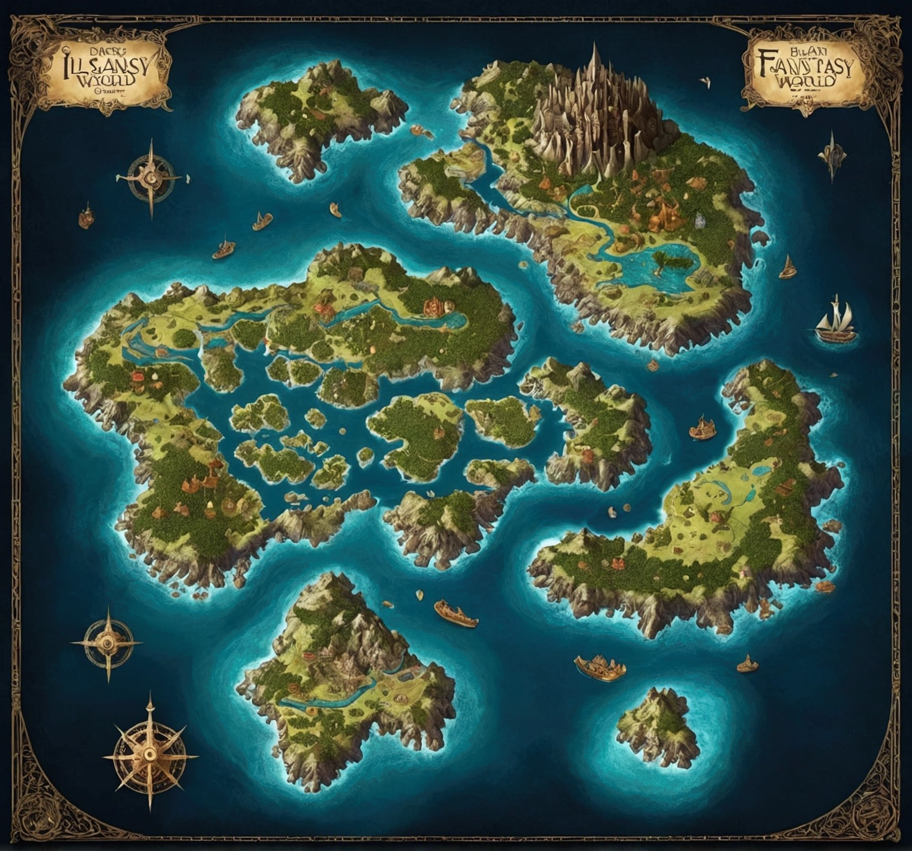 Map of a large dark fantasy world with many islands