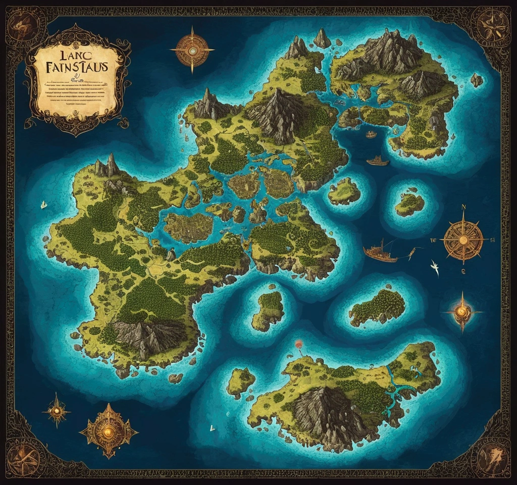 Map of a large dark fantasy world with many islands