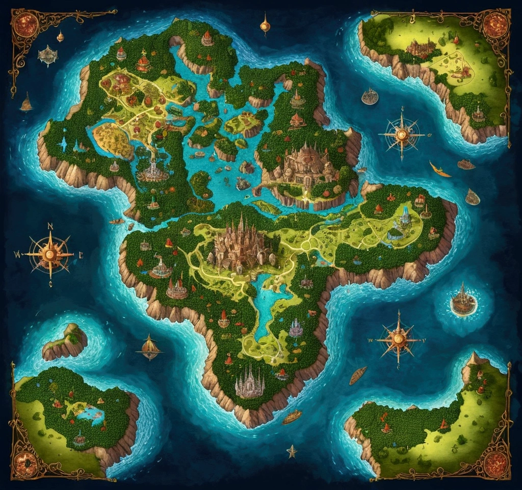 Map of a large dark fantasy world with many islands