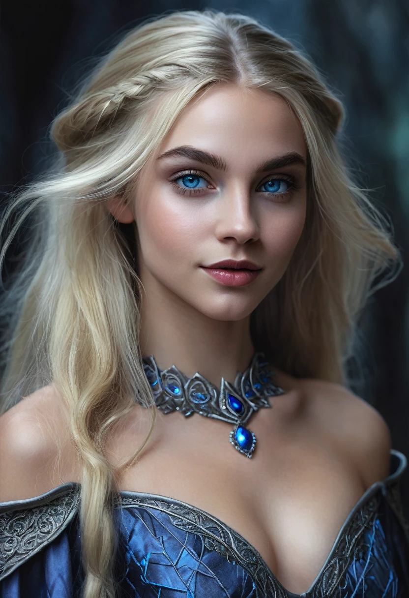Portrait of a dark elf drow beautiful ager, Sydney Cole, intricate dress, soft smile, huge natural lips, long blonde hair, blue-grey eyes, realism, digital painting, concept art, smooth, sharp focus, rule of thirds, Style-Psycho