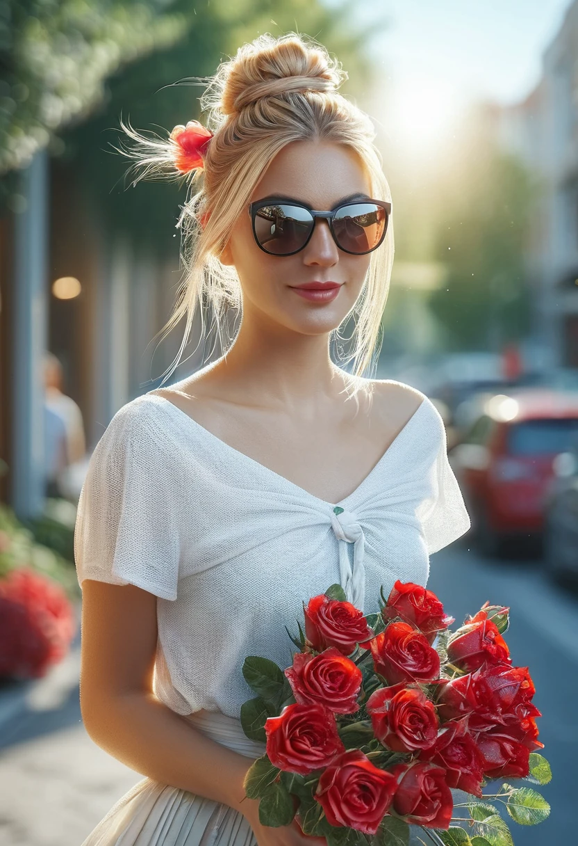 Detailed portrait of a beautiful woman walking down the street holding a bouquet of red roses, happy expression, Her blonde hair is tied up in a messy bun, (casual wear: 1.1), white t shirt, Long skirt in flowing summer material, high heels and sunglasses on head. , Flowers on the background, store, outdoor, sunny day, (best quality, 4K,8k, high resolution, masterpiece:1.2), very detailed,(realistic, photorealistic, photorealistic:1.37),HDR,uhd, studio lighting, Ultra Fine Painting, sharp focus, Physically Based Rendering, high detail, professional, vivid colors, bokeh, portrait