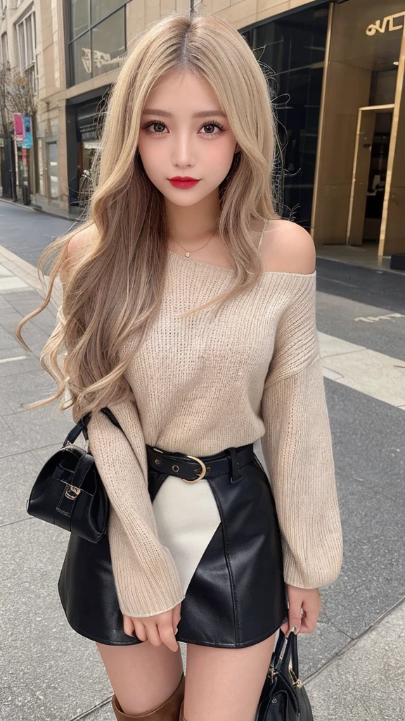 High resolution、blondeヘア、girl、Light Hair Color、Tanned hair、sexy、blonde、Thin legs、Beautiful eyelashes、High resolution、Zoom out、20-year-old、 Wide viewing angles、Highest quality、Very detailed、Finer details、High resolution、8k wallpaper、Beautiful eyes in every detail、Natural lip color、Off-the-shoulder sweater、leather skirt、mini skirt、thigh-high boots、long hair、wave hair、Shopping Centre、Apparel Shop、Cute face、belt、Small face、knees
