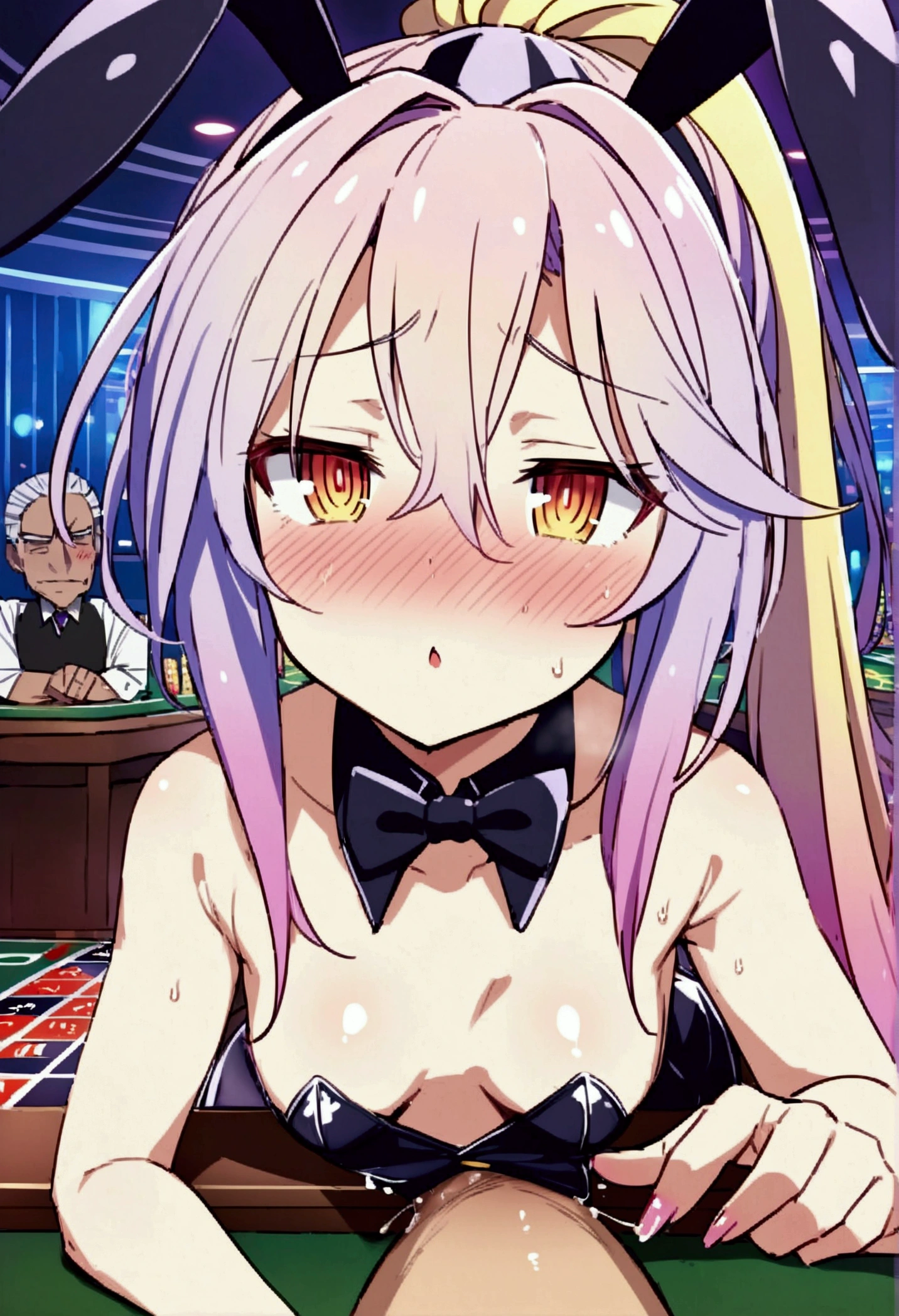 NSFW,masterpiece,Highest quality,High resolution,Very detailed,white\(no game No life\),Small breasts,ponytail,Bunny ears,Playboy Bunny,casino,Dissatisfied face,blush,(Blowjob),,From the side