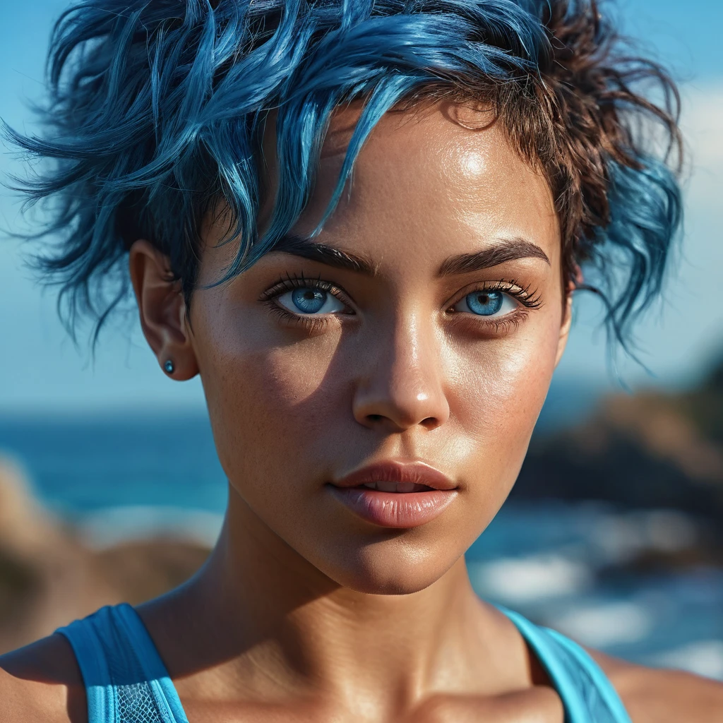 beautiful biracial woman, blue hair, light blue eyes, athletic figure, 1 man short brown hair, detailed face, realistic portrait, intricate details, masterpiece, 8k, photorealistic, high quality, cinematic lighting, dramatic colors, vivid and vibrant, digital art, concept art