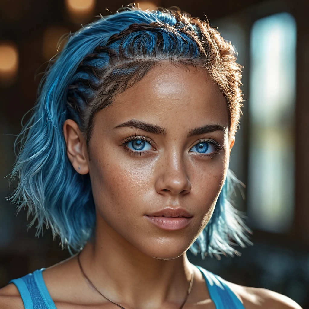 beautiful biracial woman, blue hair, light blue eyes, athletic figure, 1 man short brown hair, detailed face, realistic portrait, intricate details, masterpiece, 8k, photorealistic, high quality, cinematic lighting, dramatic colors, vivid and vibrant, digital art, concept art