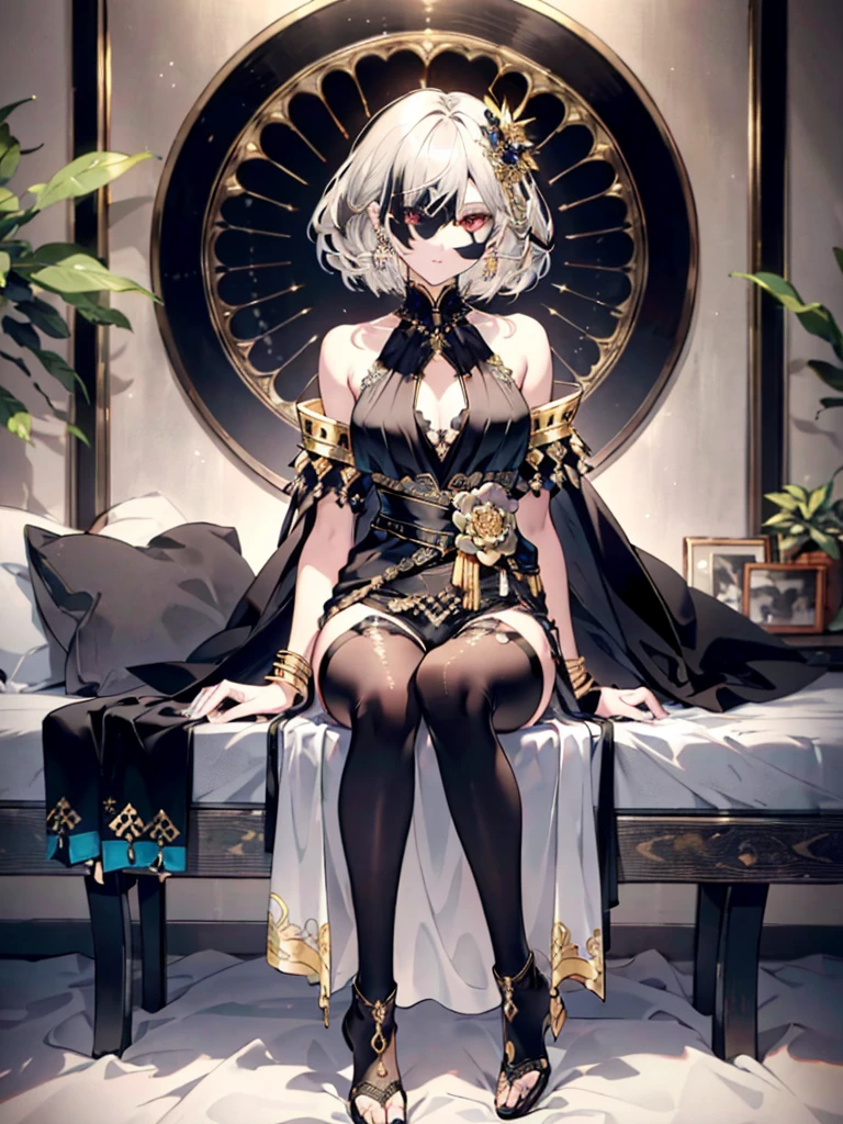 8k,High resolution RAW color art,Anime Art,Silver Marble Skin, (((Very detailed and cool))), Detailed skin, Bokeh、texture,(Exquisitely crafted, The finer details, Ultra-detailed art), (((1 girl))), Depth of written boundary, Silky Touch, Hyper Detail, (((Cool face))), eye shadow, Beautiful detailed red eyes, Beautiful lip detail, Highly detailed face, Delicate depiction of hair and eyes, Detailed Fashion, Golden Earrings,Full body depiction, Black half top、(((Shoulder Bare)))、Black shorts、Waist Cloak、Black thigh-high tights、Golden decoration, Light gray hair, Golden bracelet, Straight Hair、Short Hair、(((Hair)))、Black theme、snow、Side view、look down、cloth、Clear face、bed