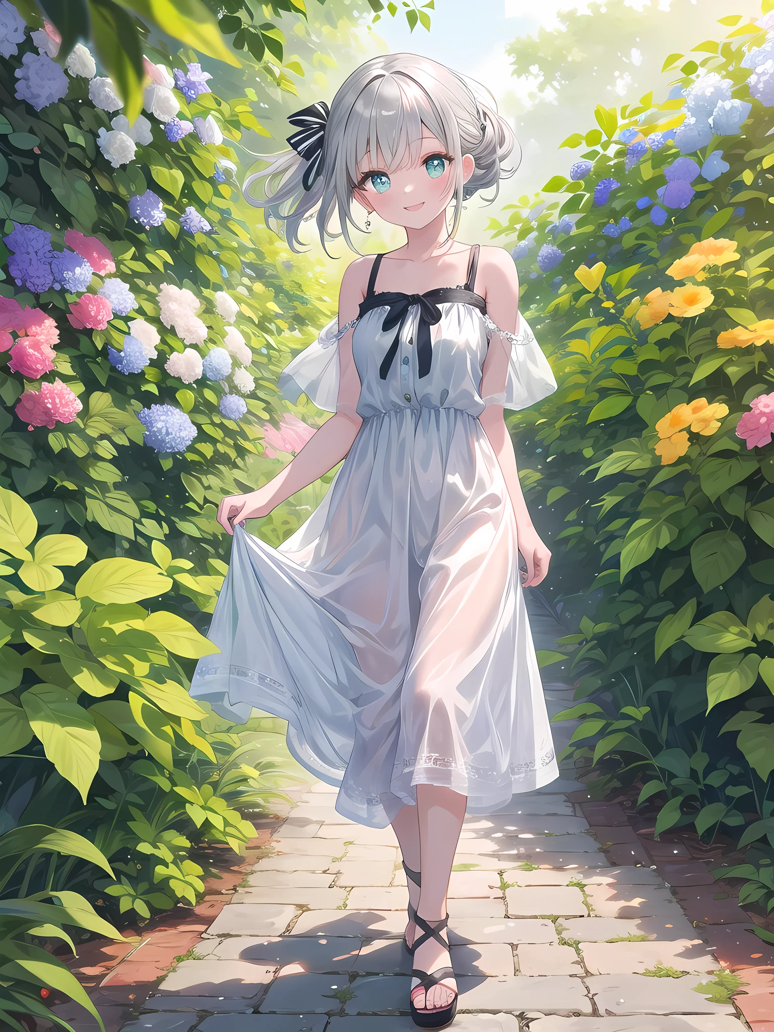 (8k, best quality, master piece: 1.2),super high resolution,1 girl, solo, ((colorshift eyes, hyperdetailed, expressive eyes)), ultra-detailed face, random hair, silver gray color, Ecstatic expression,She is strolling through a botanical garden where colorful flowers and plants are in full bloom. Warm sunlight pours down, and the green of the plants is beautiful. She has her silver hair tied up loosely, and is wearing a simple dress and sandals. She is smiling happily while looking at the plants.