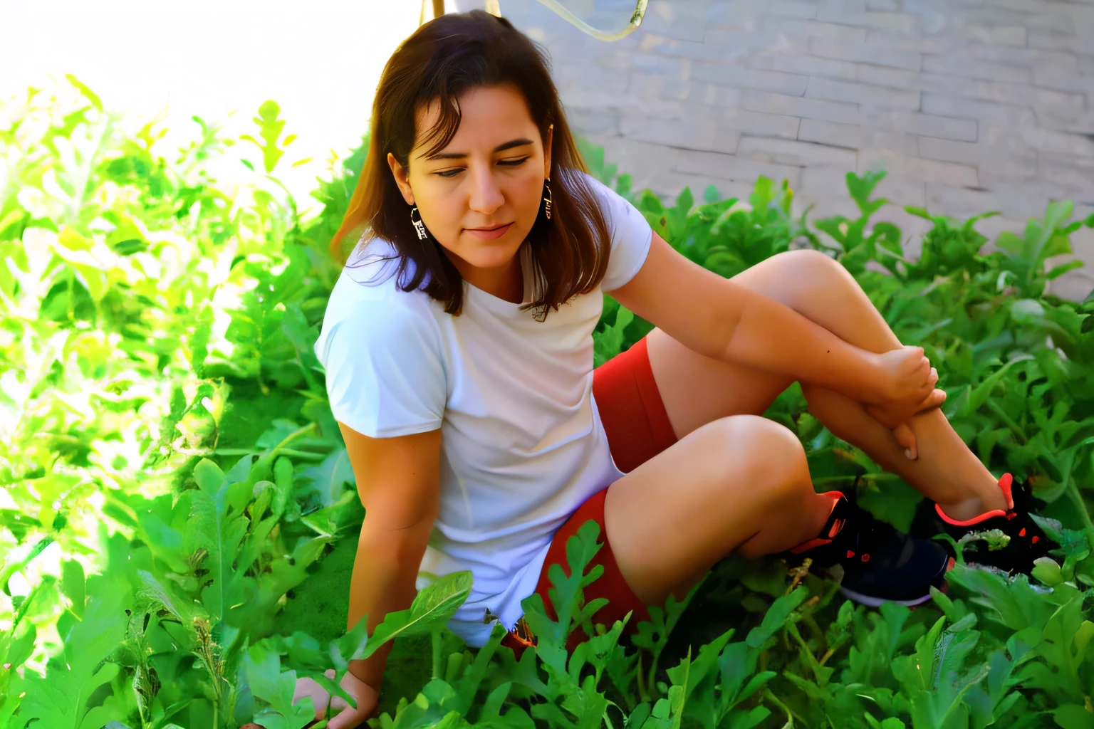 there is a woman sitting in the grass with her feet on the ground, in garden, gardening, sitting in the garden, sitting in a field of cannabis, valentina remenar, in the garden, sitting on green grass, permaculture, mina petrovic, covered in plants, magda torres gurza, in a garden, she is the center of the garden