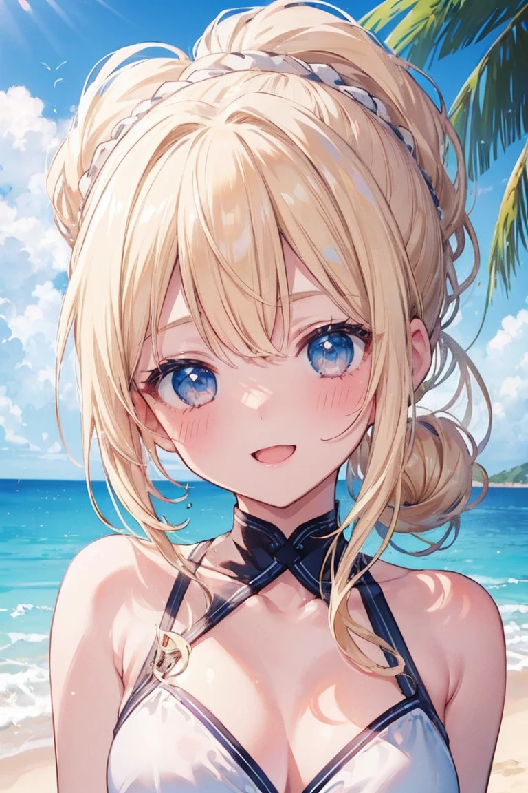 ((Highest quality、8k、masterpiece))、((One Girl))、((cute))、Big smile、blush、Open your mouth、Blonde、ponytail、Ultra detailed face、Very fine eye、Ultra detailed hair、White Bikini、Beautiful beaches、Palm tree、Bright sunlight、Beautiful blue sky