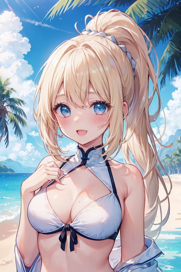 ((Highest quality、8k、masterpiece))、((One Girl))、((cute))、Big smile、blush、Open your mouth、Blonde、ponytail、Ultra detailed face、Very fine eye、Ultra detailed hair、White Bikini、Beautiful beaches、Palm tree、Bright sunlight、Beautiful blue sky