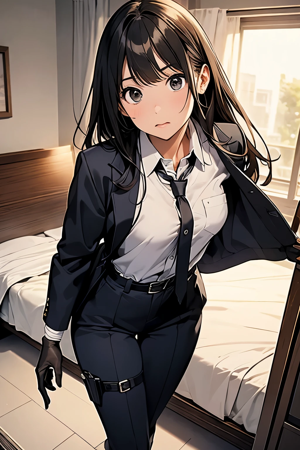 1 female, , high quality, masterpiece, Ultra-high resolution, , Cinema Lighting, , , And the suspenders with the cranes flying Moderate breasts Small face holster Lying in bed Looking up Sweat belt summer 脇Sweat Black Hole Gloves suit shirt Black jacket Black trousers Leg Links ズボンにbelt holster Hands behind your back Anxious expression Looking up Anxious face, legs apart