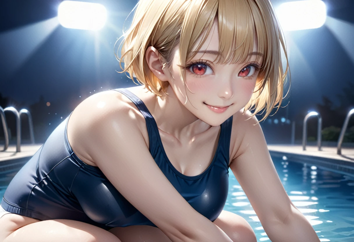 (masterpiece:1.2, Highest quality), (Realistic, photoRealistic:1.4), Beautiful illustrations, (Natural Side Lighting, Cinema Lighting), View your viewers, Upper Body, (Front view), 1 girl, Japanese, high school girl, Perfect Face, Cute and symmetrical face, Glowing Skin, , (short hair:1.5, Pixie Cut:1.4, Blonde), Pin your bangs back, Red eyes, Long eyelashes, (Large Breasts:0.6), Beautiful Hair, Beautiful Face, Beautiful attention to detail, Beautiful clavicle, Beautiful body, Beautiful breasts, Beautiful thighs, Beautiful feet, Beautiful fingers, (School Swimsuit), (Beautiful views), evening, Squatting in the pool, (Cute smile, Upward glance),