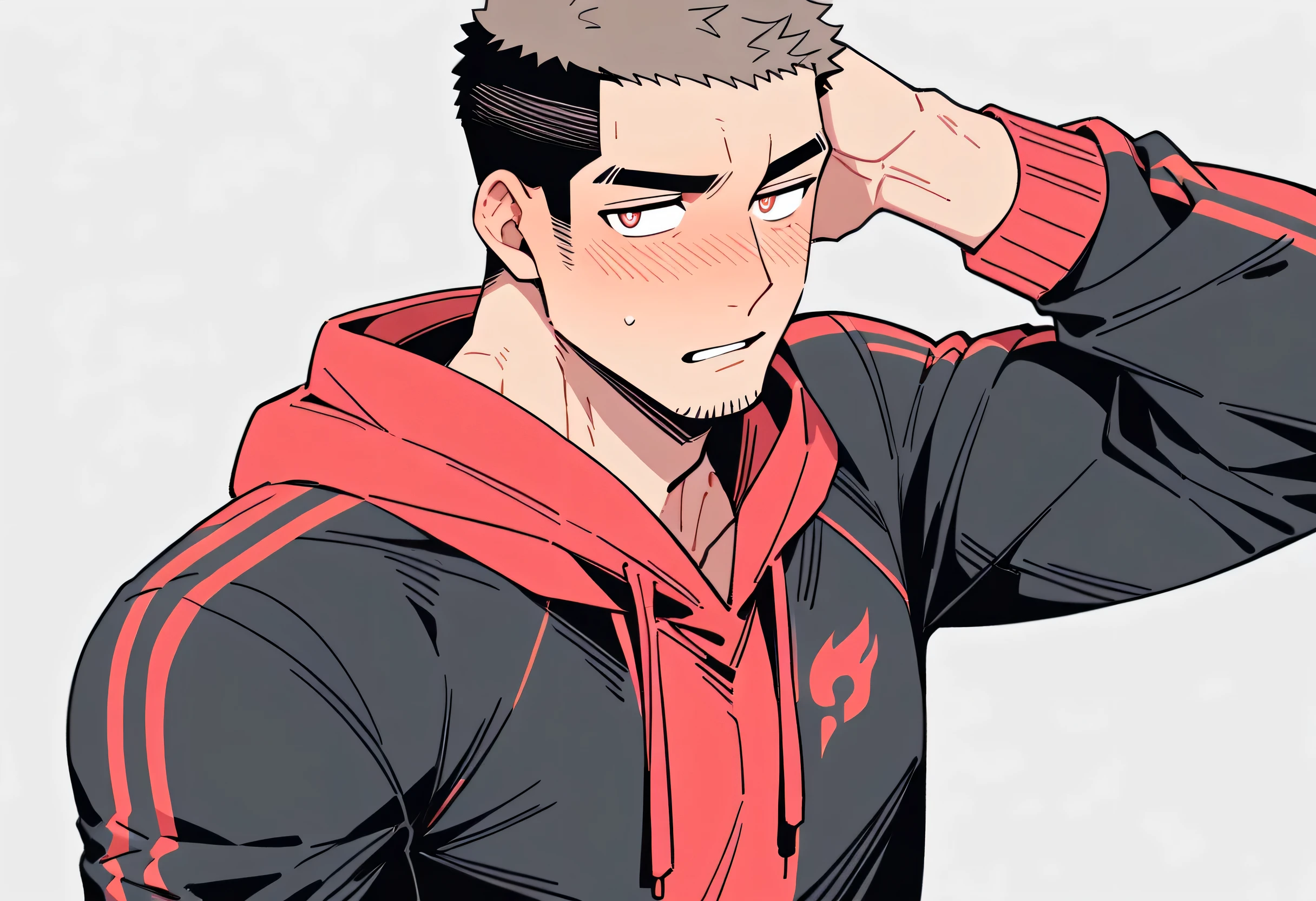anime characters:Priapus and Dark-skinned muscular athlete, They hugged each other, kiss, Buzz Cut, Manliness, male focus, Sports tight hooded sweatshirt, Very tight, full and perky chest muscles, muscular male, muscular, only, Upper body, alone, Red short hair, Thick eyebrows, stubble, Brown-red pupils, White background, simple background, amazing quality, best aesthetics, Ridiculous, crew cut, parted lips, flustered, endured face, shy, blush, negative space, negative space, best quality