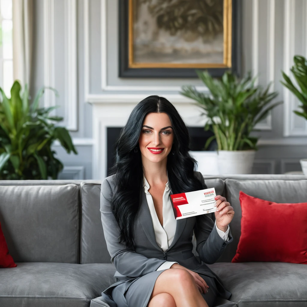 Caucasian realistic woman with beautiful black hair sitting on a large gray sofa holding a Santander business card,in a mansion with natural lighting and decorative plants and some red details 