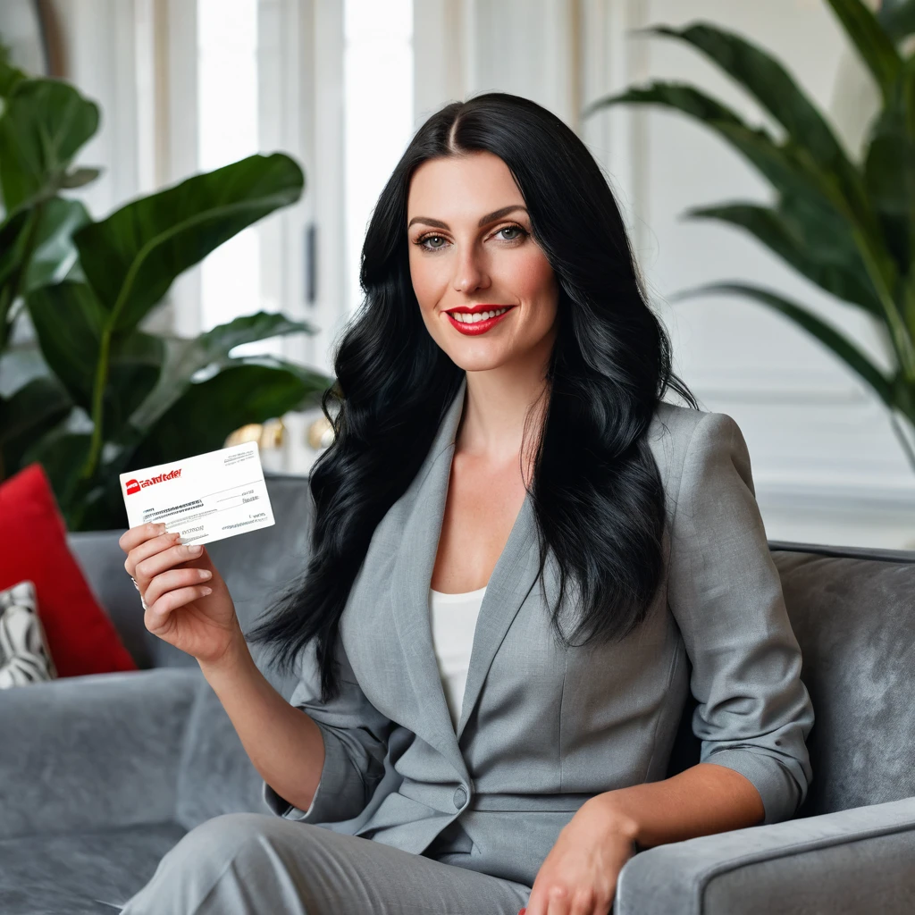 Caucasian realistic woman with beautiful black hair sitting on a large gray sofa holding a Santander business card,in a mansion with natural lighting and decorative plants and some red details