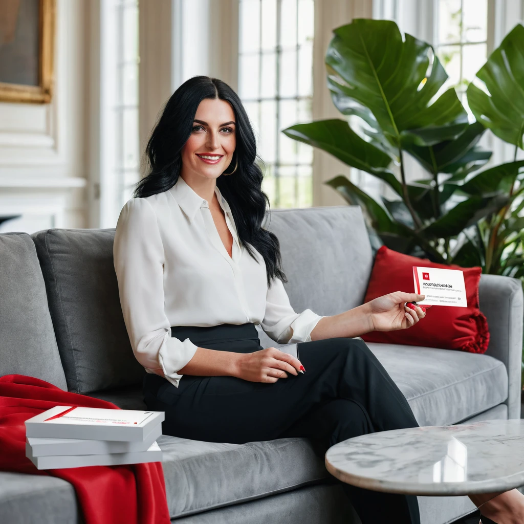 Caucasian realistic woman with beautiful black hair sitting on a large gray sofa holding a Santander business card,in a mansion with natural lighting and decorative plants and some red details