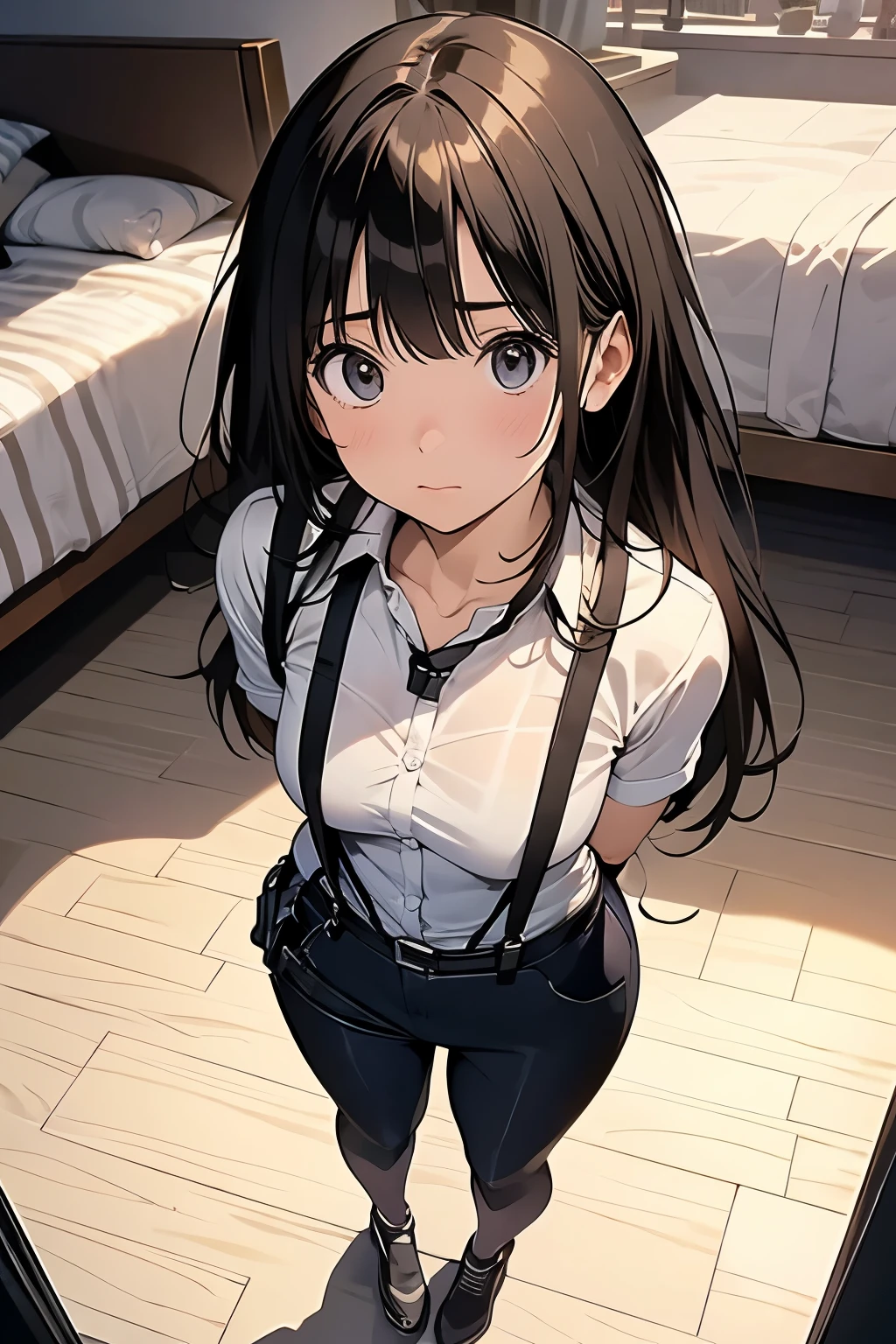 1 female, , high quality, masterpiece, Ultra-high resolution, , Cinema Lighting, , , And the suspenders with the cranes flying　　　Moderate breasts　 　 　　　　Small face　 　　　holster　　　　　　　 Lying in bed　Looking up　　　　Sweat 　　　belt　summer　脇Sweat 　Black Hole Gloves　suit　shirt　　Black jacket　 Black trousers　Leg Links　ズボンにbelt　　holster　 　　Hands behind your back　 Anxious expression　Looking up　Anxious face, legs apart