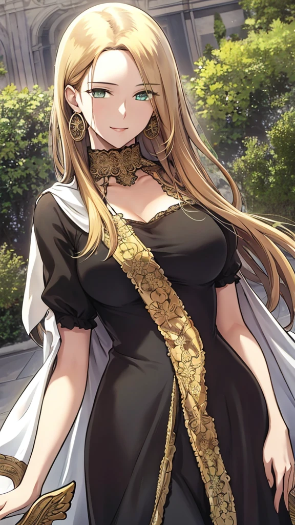 masterpiece, (Best Quality), 1woman,1 girl ,beautiful woman, altairdb, by the wide, green eyes,   black fur,, White dress, collar, dress, jewelry, divine, ,smile, ,earrings , vibrant colors ,natural lighting  ,rtx,  perfect proportions, beautiful, (detailed face:1.2), escape, (Perfect eyes:1.1) ,(photorealistic:1.1), 8K UHD,  looking at a spectator, outdoor,  simple background, (full bodyesbian:1.2)