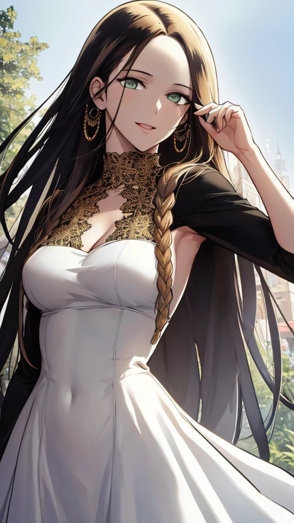 masterpiece, (Best Quality), 1woman,1 girl ,beautiful woman, altairdb, by the wide, green eyes,   black fur,, White dress, collar, dress, jewelry, divine, ,smile, ,earrings , vibrant colors ,natural lighting  ,rtx,  perfect proportions, beautiful, (detailed face:1.2), escape, (Perfect eyes:1.1) ,(photorealistic:1.1), 8K UHD,  looking at a spectator, outdoor,  simple background, (full bodyesbian:1.2)