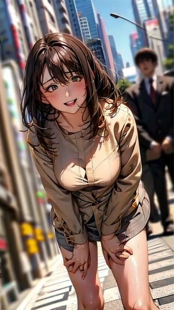 Skyscrapers in the background,masterpiece,Highest quality,High resolution,Anatomically correct,Sweat,Grey suit,pantyhose,shirt,Spread your legs,Spread your legs,Glowing Skin,Forehead,Messy Hair,Long Bob,Fall to the ground,Panting