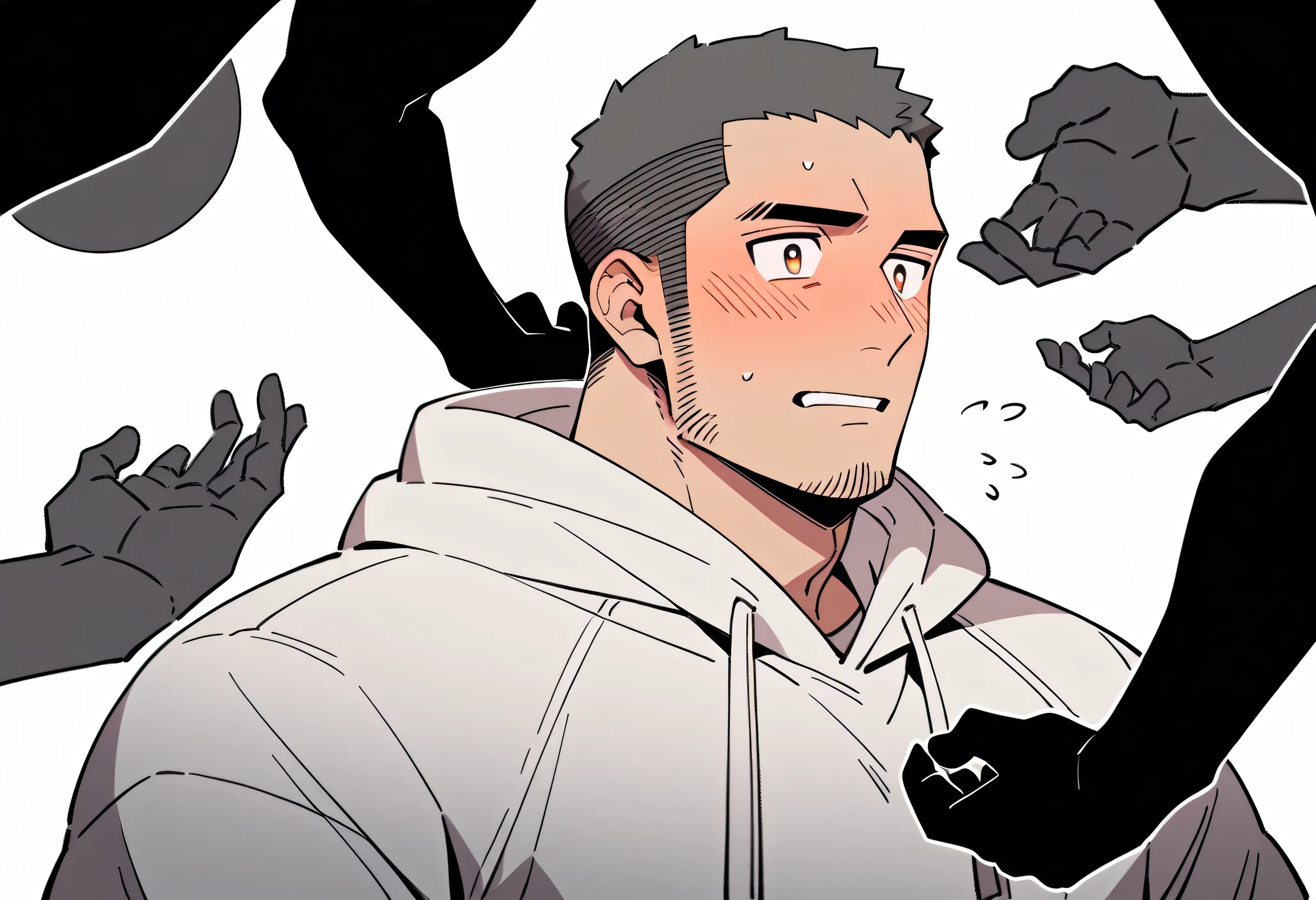 anime characters:Priapus and Dark-skinned muscular athlete, They hugged each other, kiss, Buzz Cut, Manliness, male focus, Sports tight hooded sweatshirt, Very tight, full and perky chest muscles, muscular male, muscular, only, Upper body, alone, Red short hair, Thick eyebrows, stubble, Brown-red pupils, White background, simple background, amazing quality, best aesthetics, Ridiculous, crew cut, parted lips, flustered, endured face, shy, blush, negative space, negative space, best quality