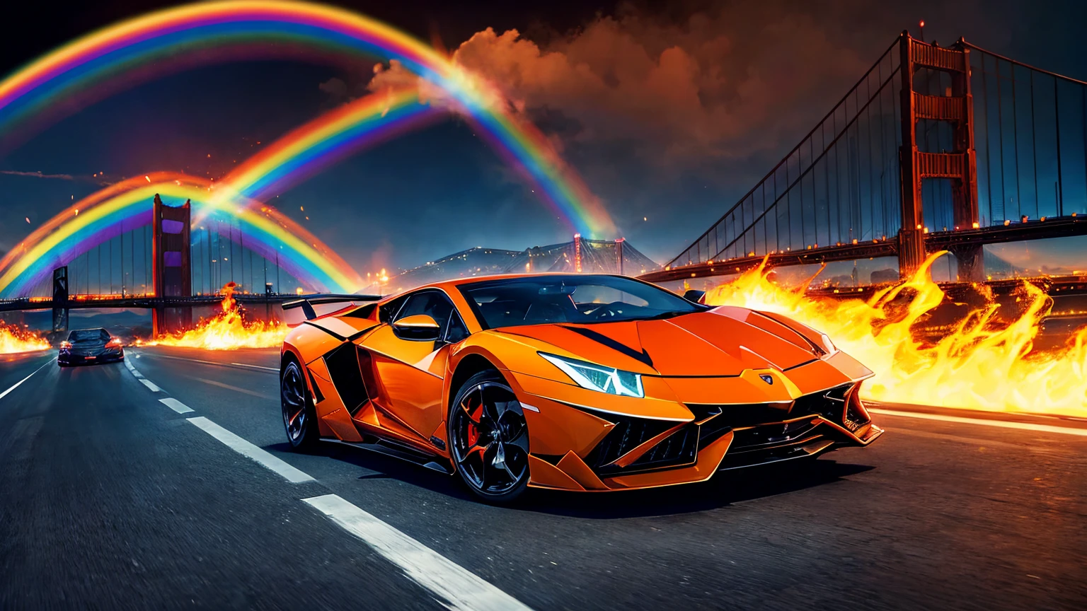 A ghost rider on top of the Lamborghini car, driving over the rainbow bridge with the Golden Gate bridge in the background, flames around him and colorful rainbows all around, in the digital art style.