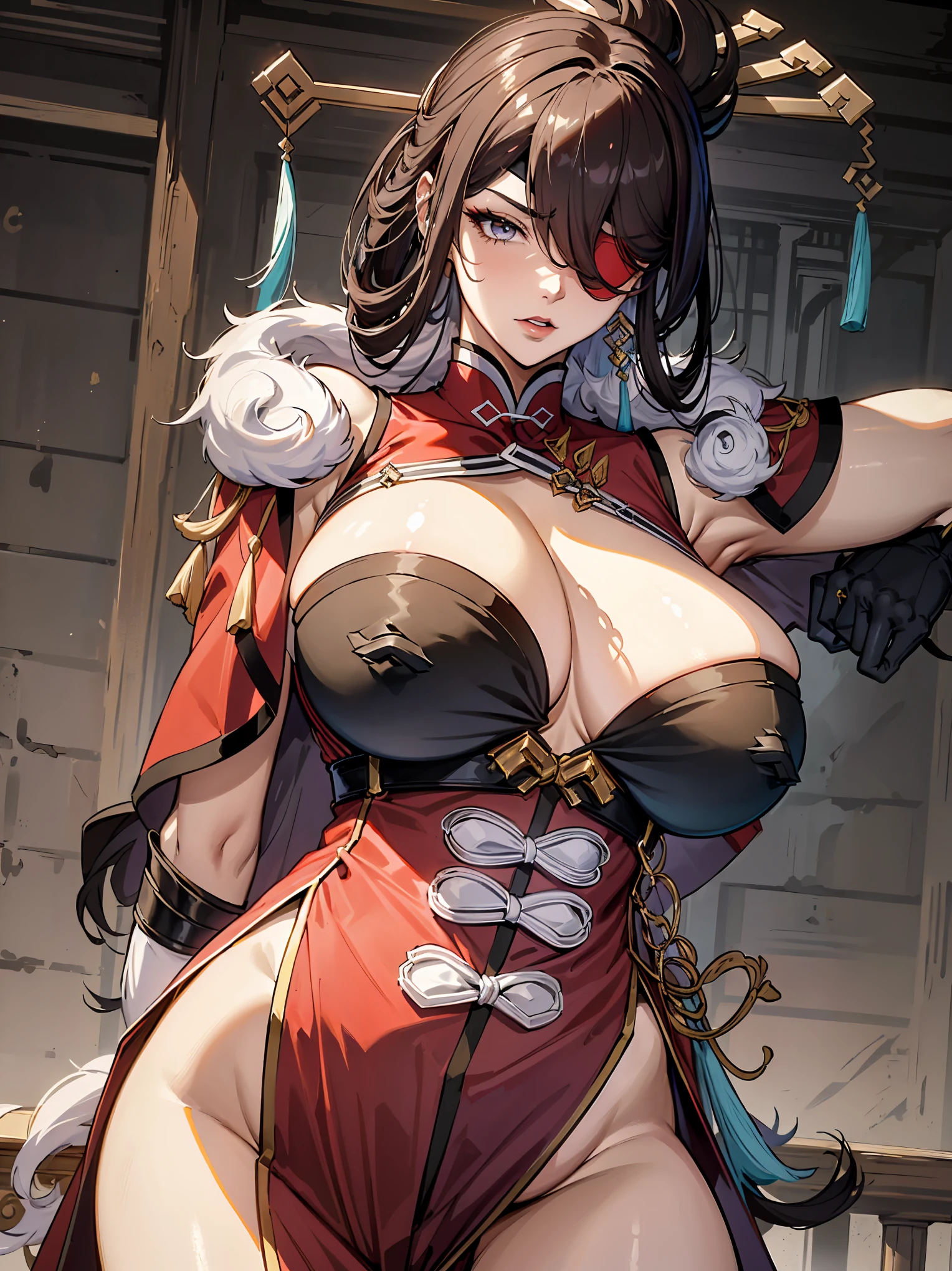 work of art: 1.2, ((guilty equipment: Effort game)), ((Baiken character)), 1 women, (best qualityer), (Actual image, details Intricate, Depth of field), make up, parted lips, highy detailed, face perfect, usando um eye patch over left eye, (Breasts huge: 1.8), (cutaneous dentition), attractive waist, High Gloss Coral Lips, moderate musculature, toned abdomen, Beautiful navel, (extra long high dark brown ponytail: 1.2), (white ribbon on hair) (beautiful shiny black eyes), face ornament, sexly, (dressed in a kimono in shades of red, white and black), (Fundoshi Feminino), ( white feminine backgrounds), confident, strong expression, peaceful atmosphere, huge cleavage, disproportionate breasts, hanging breasts, (left eye closed, eye patch over left eye), (hands on waist, left hand is hidden),
