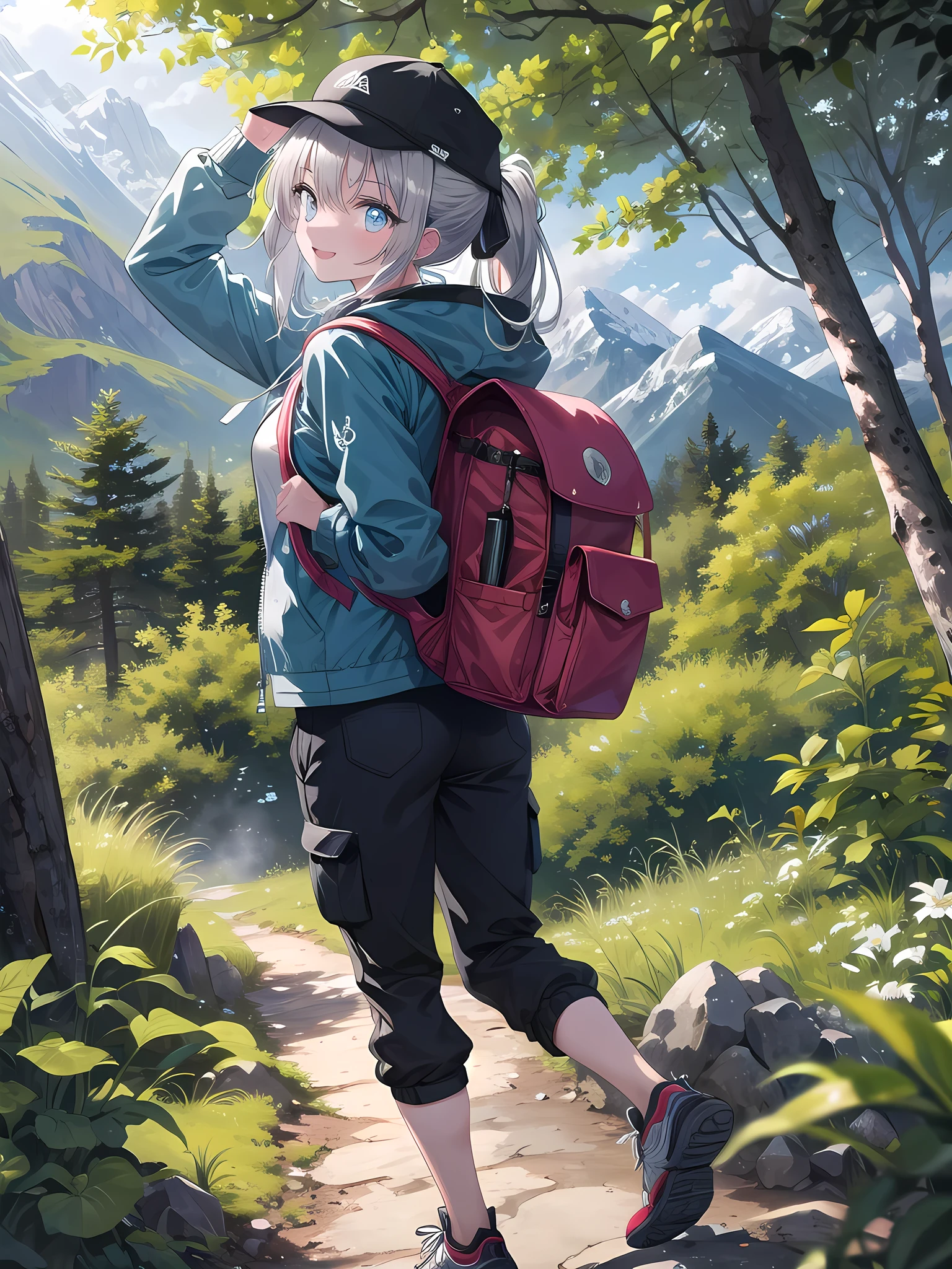 (8k, best quality, master piece: 1.2),super high resolution,1 girl, solo, ((colorshift eyes, hyperdetailed, expressive eyes)), ultra-detailed face, random hair, silver gray color, Ecstatic expression,I'm hiking along a lush mountain trail. The trees in the forest are bathed in sunlight, and I can hear the birds chirping. My silver hair is tied up in a ponytail. I'm wearing a hiking hat, a lightweight jacket, hiking pants, and hiking shoes. I'm smiling and enjoying the view with my backpack on my back.