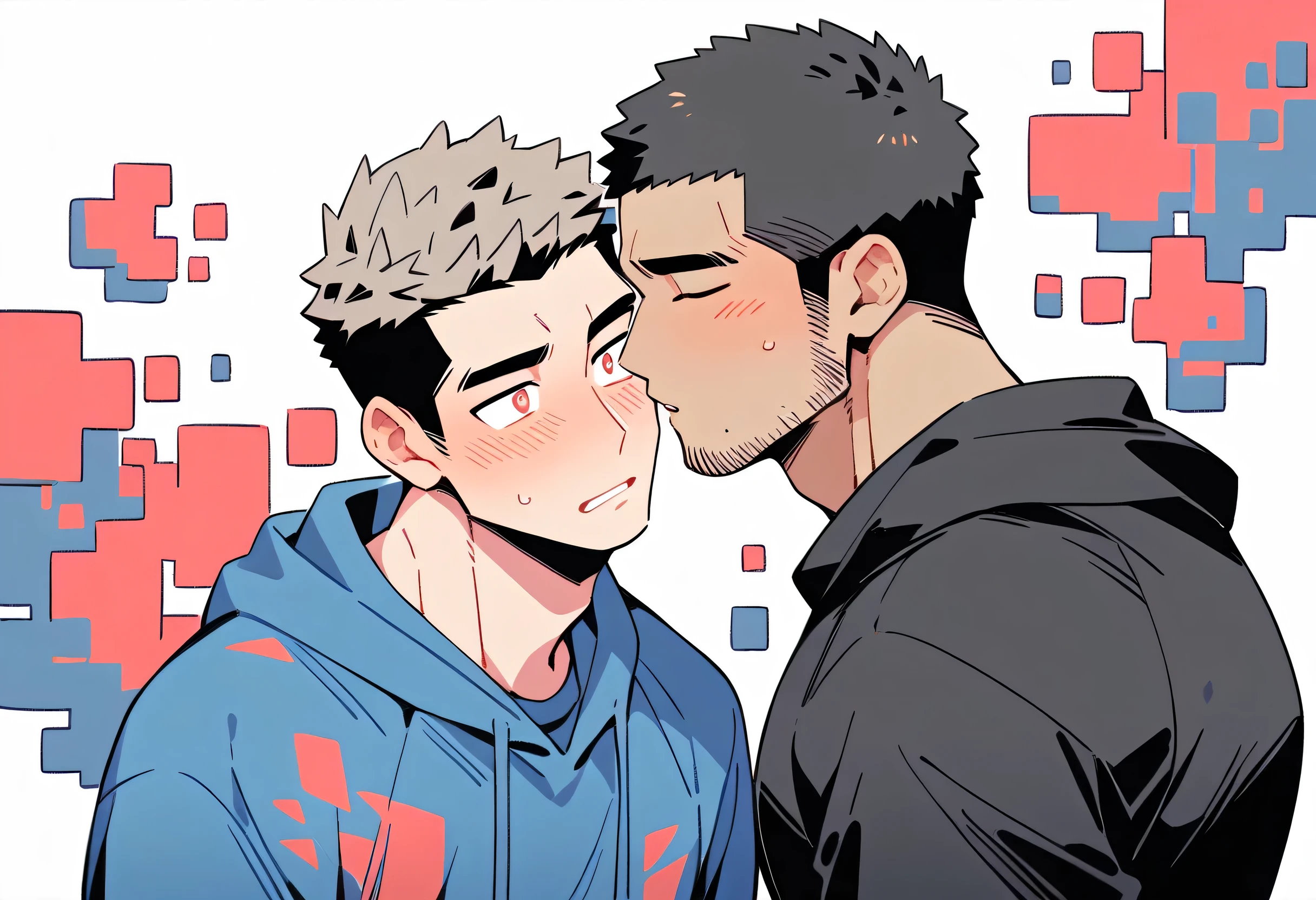 anime characters:Priapus and Dark-skinned muscular athlete, They hugged each other, kiss, Buzz Cut, Manliness, male focus, Sports tight hooded sweatshirt, Very tight, full and perky chest muscles, muscular male, muscular, only, Upper body, alone, Red short hair, Thick eyebrows, stubble, Brown-red pupils, White background, simple background, amazing quality, best aesthetics, Ridiculous, crew cut, parted lips, flustered, endured face, shy, blush, negative space, negative space, best quality