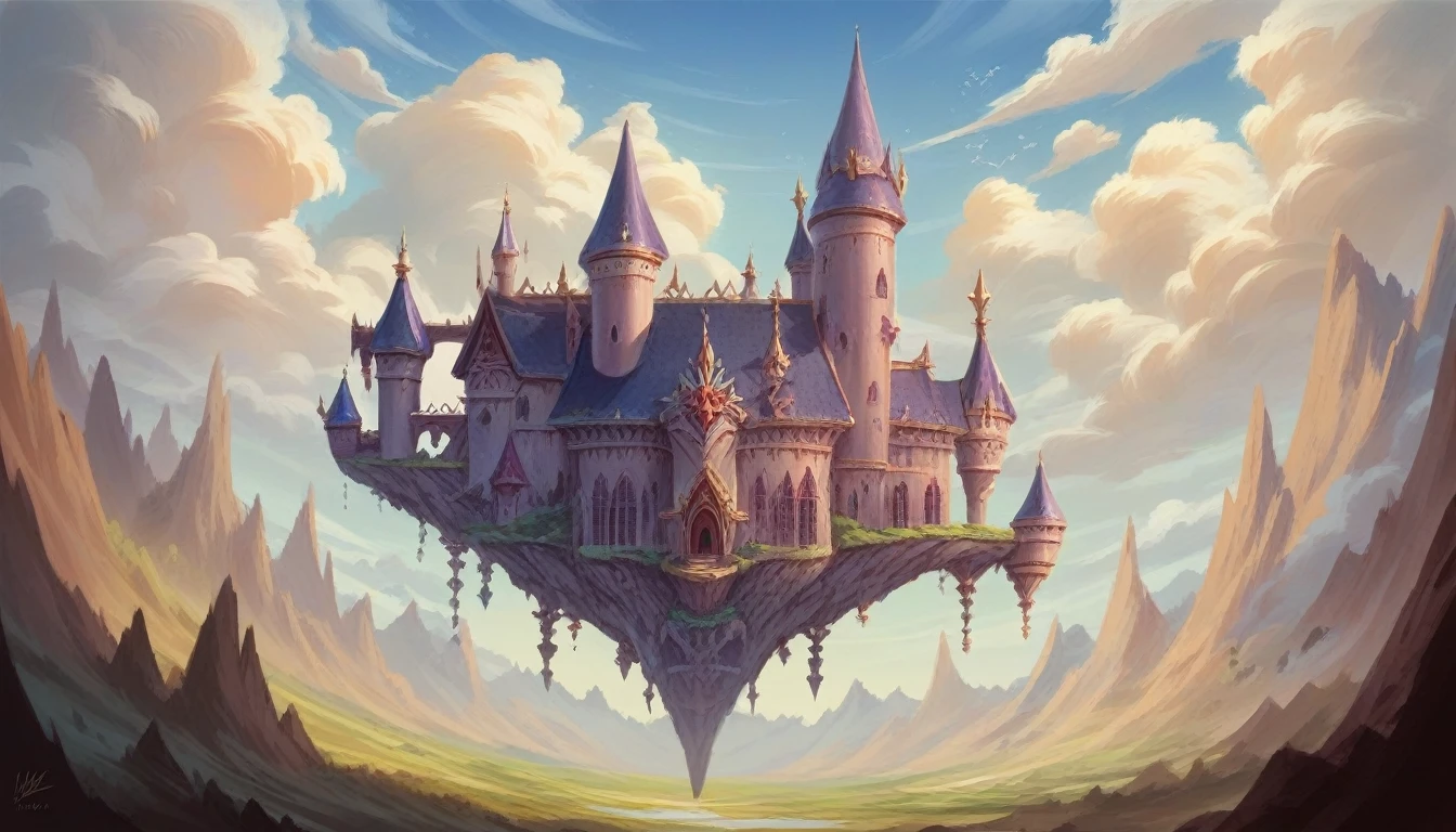 there is a painting of a castle, a dragon flying over him, in front of a fantasy city, flying castle, flying cloud castle, high fantasy castle, detailed fantasy art, fantasy detailed illustration, frame _ Simonetti, style of frame Simonetti, magical fantasy 2d concept art, art style of frame Simonetti, epic fantasy illustration