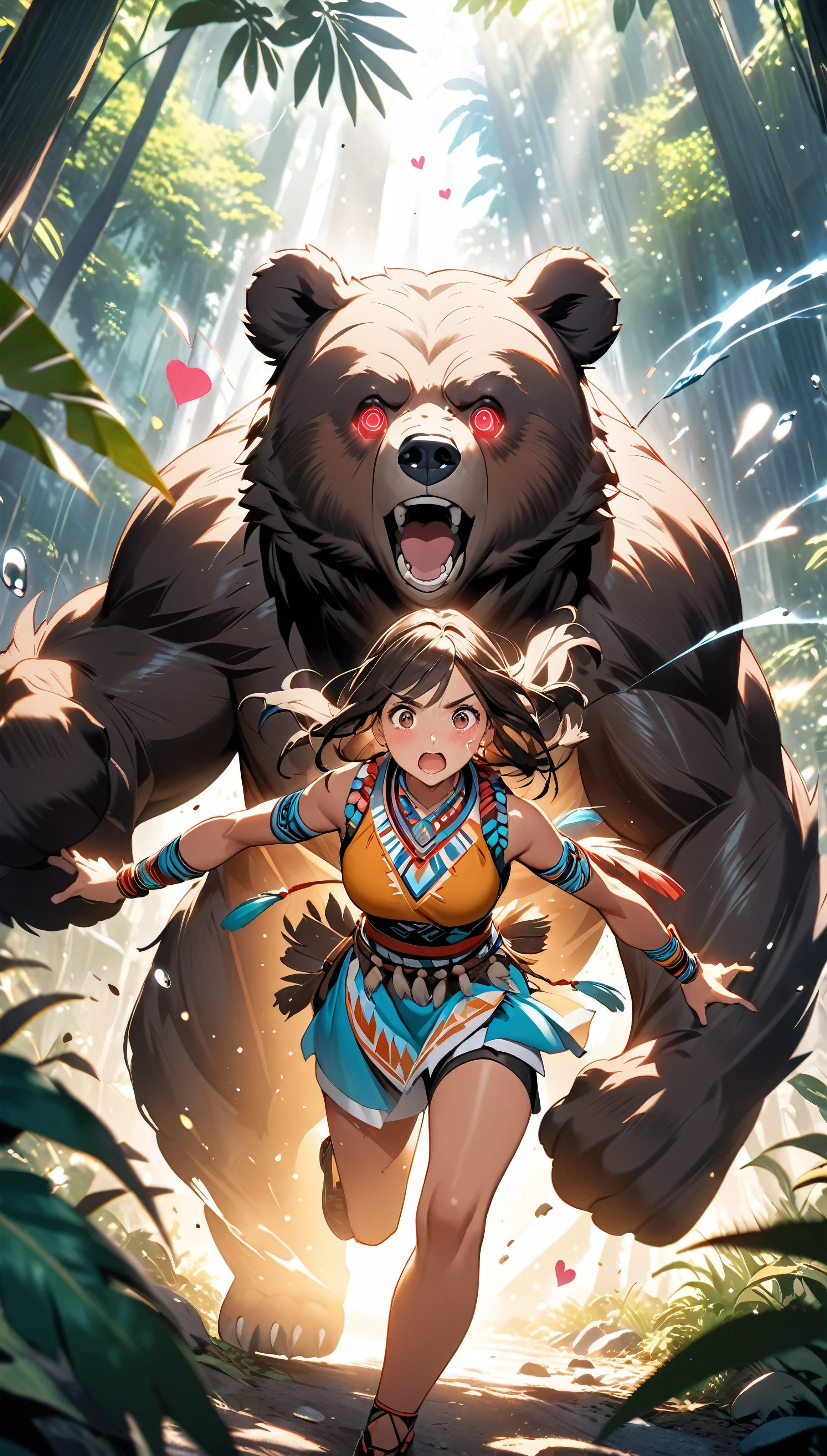 ((Native Indigenous People), Attractive looks, Mature Adult, Realistic Babe),
BREAK (tanned dark brown skin:1.3), Detailed and glossy texture, Shaking breasts,
BREAK Running towards the viewer, Crying while approaching, While scattering large tears, Approaching with great force, Dynamic Motion Blur, Dynamic action scenes, Anatomically correct,
BREAK The bear is chasing me, A jungle of vibrant colours, Native American being chased by a bear,
BREAK Detailed description of the bear, A bear chasing you relentlessly, ((Heart-eyed bear)), Approaching from behind, Dynamic Motion Blur, dynamic motion, Anatomically correct,
BREAK Native American crying and asking viewers for help, Crying face, Watery eye, blush, A plea to the viewers, Desperate, Crying, Spilling tears,
BREAK (((A glimpse into the viewer, Approaching with affection, Eyes that captivate the viewer, The urge to embrace the viewer))), Captivating woman,
BREAK (Native American being chased by a bear), A fateful encounter in the jungle, Dramatic composition, Cinematic lighting that aesthetically enhances the subject, (wide Dynamic shot),
BREAK Highest quality, Highest Resolution, Optimized Octane Rendering, super retina vision,
