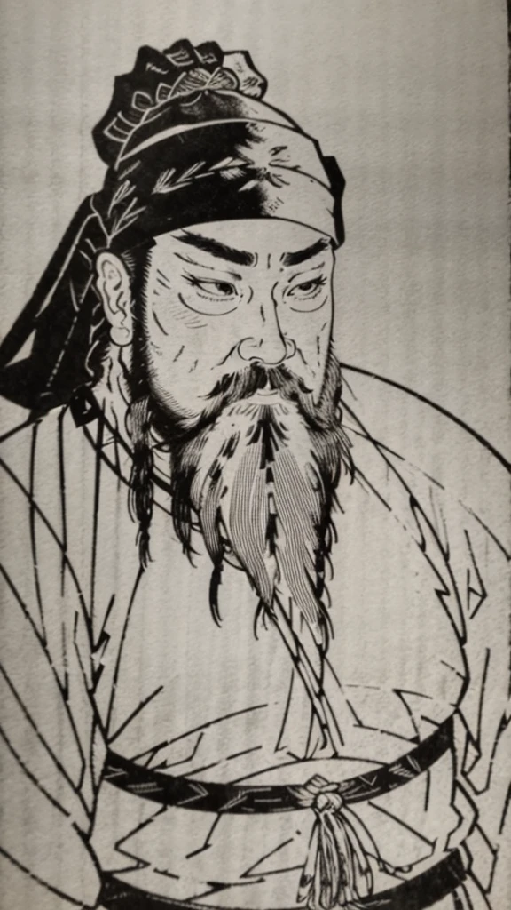 (((Three Kingdoms Monochrome)))、(((Tying up hair、Wearing a black swimming cap、Bearded young man in armour)))、（（Ancient Chinese man in armor））、（Ink Painting）、Highest quality、masterpiece、Ultra-high resolution、(Realistic:1.4)、Game Poster、The Three Bearded Men of the Kingdom,Oriental、As seen in the Romance of the Three Kingdoms々military commander、Crisp and beautiful image quality ,(Skin of color)、 gloves, Long trousers, (Very detailed, bloom:1.5), (Highest quality, Concept Art, 4K), (analog:1.2), (high sharpness), (Detailed pupil:1.1),,Detailed face and eyes, masterpiece, Highest quality, (Very detailed:1.1), 8k, photoRealistic, (PurerosFace_v1:0.2), [:(Detailed face:1.2):0.2], sharp,Realistic Shadow, 