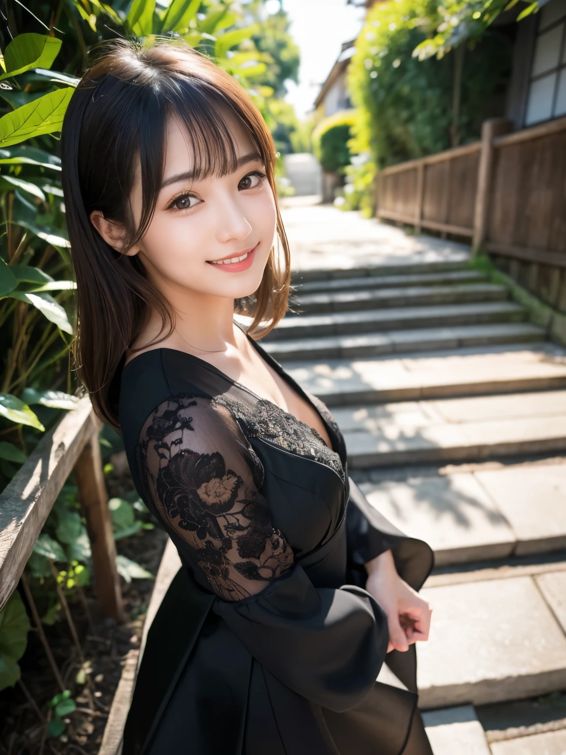 Face :9,503917907], A 19-year-old female college student from an upper-class background、Shot from below、Looking down at the camera、Wearing a black formal dress、Ultra-realistic pantyhose、Go down the stairs、Height: 165cm, Japanese Model, Short Layered Hair、Japanese girl, Neat and clean Japan woman, Laughter、smile、Japanese Goddess, Innocence、RAW Photos, (8k、Highest quality、masterpiece:1.2)、(Intricate details:1.4)、(Photorealistic:1.4)、Octane Rendering、Complex 3D rendering with ultra-detail, Studio Lighting, Rim Light, Vivid details, Super Detail, Realistic skin texture, Detailed aspect, Beautiful details in the eyes, Highly detailed CG Unity 16k wallpaper, compensate, (Detailed Background:1.2), Glowing Skin、