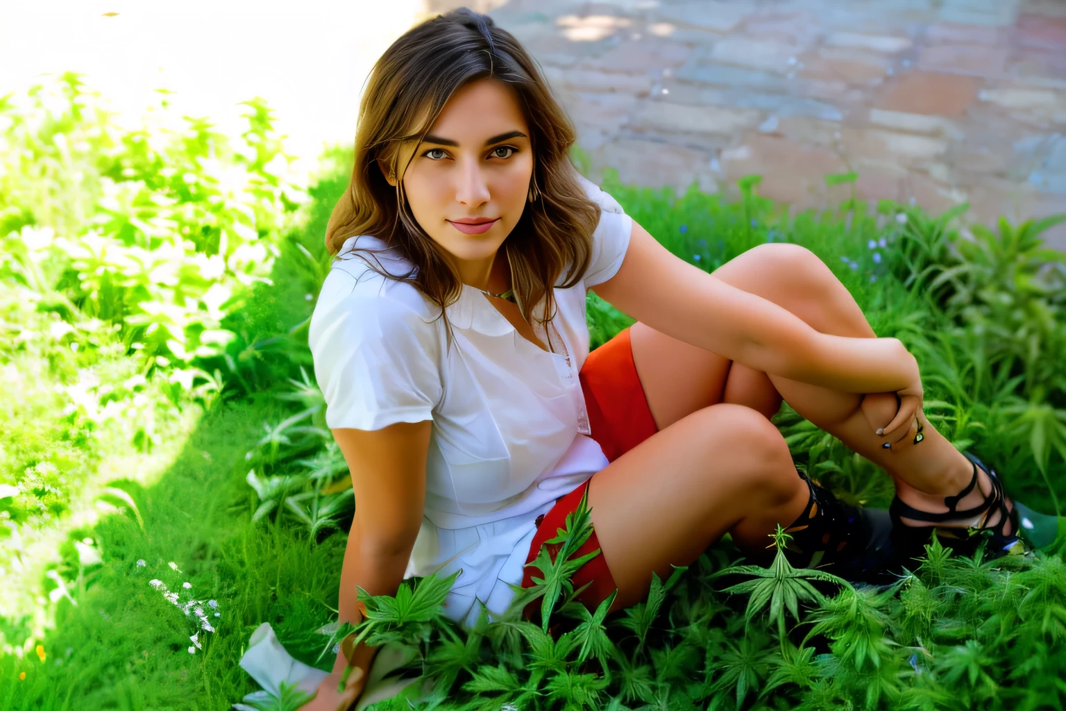 there is a woman sitting in the grass with her feet on the ground, in garden, gardening, sitting in the garden, sitting in a field of cannabis, valentina remenar, in the garden, sitting on green grass, permaculture, mina petrovic, covered in plants, magda torres gurza, in a garden, she is the center of the garden