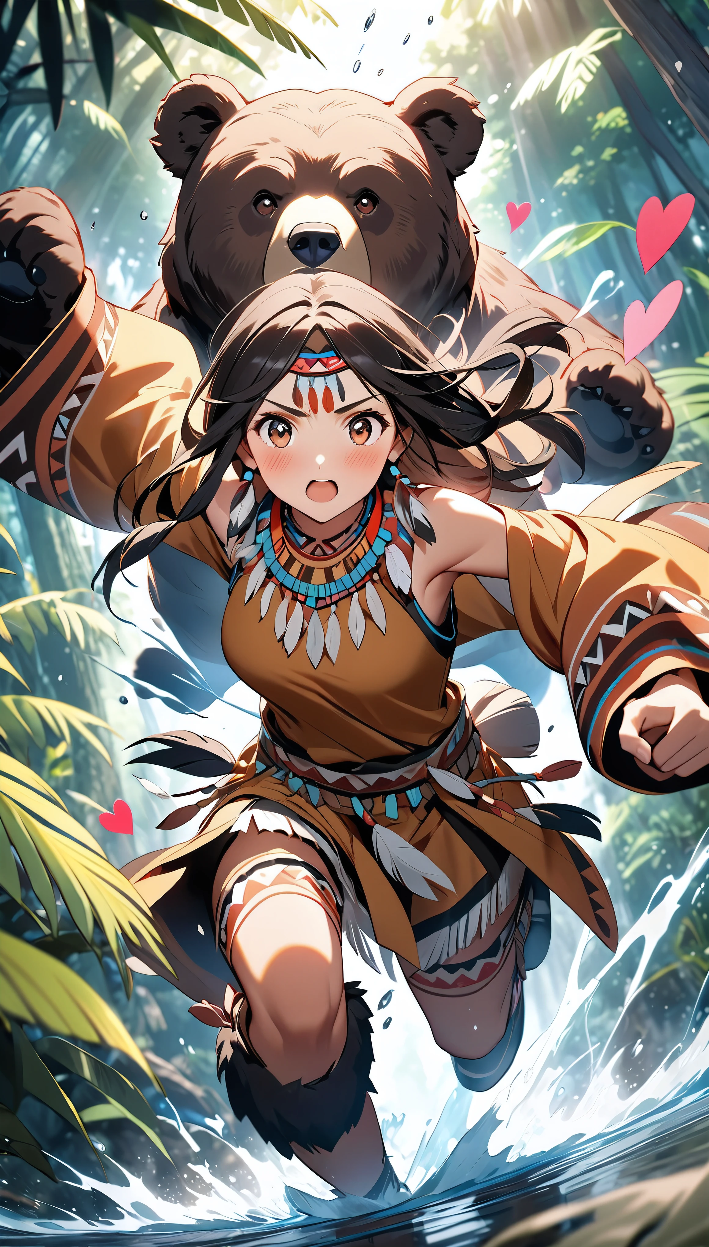 ((Native Indigenous People), Attractive looks, Mature Adult, Realistic Babe), 
BREAK (tanned dark brown skin:1.3), Detailed and glossy texture, Shaking breasts, 
BREAK Running towards the viewer, Crying while approaching, While scattering large tears, Approaching with great force, Dynamic Motion Blur, Dynamic action scenes, Anatomically correct, 
BREAK The bear is chasing me, A jungle of vibrant colours, Native American being chased by a bear, 
BREAK Detailed description of the bear, A bear chasing you relentlessly, ((Heart-eyed bear)), Approaching from behind, Dynamic Motion Blur, dynamic motion, Anatomically correct, 
BREAK Native American crying and asking viewers for help, Crying face, Watery eye, blush, A plea to the viewers, Desperate, Crying, Spilling tears, 
BREAK (((A glimpse into the viewer, Approaching with affection, Eyes that captivate the viewer, The urge to embrace the viewer))), Captivating woman, 
BREAK (Native American being chased by a bear), A fateful encounter in the jungle, Dramatic composition, Cinematic lighting that aesthetically enhances the subject, (wide Dynamic shot), 
BREAK Highest quality, Highest Resolution, Optimized Octane Rendering, super retina vision, 