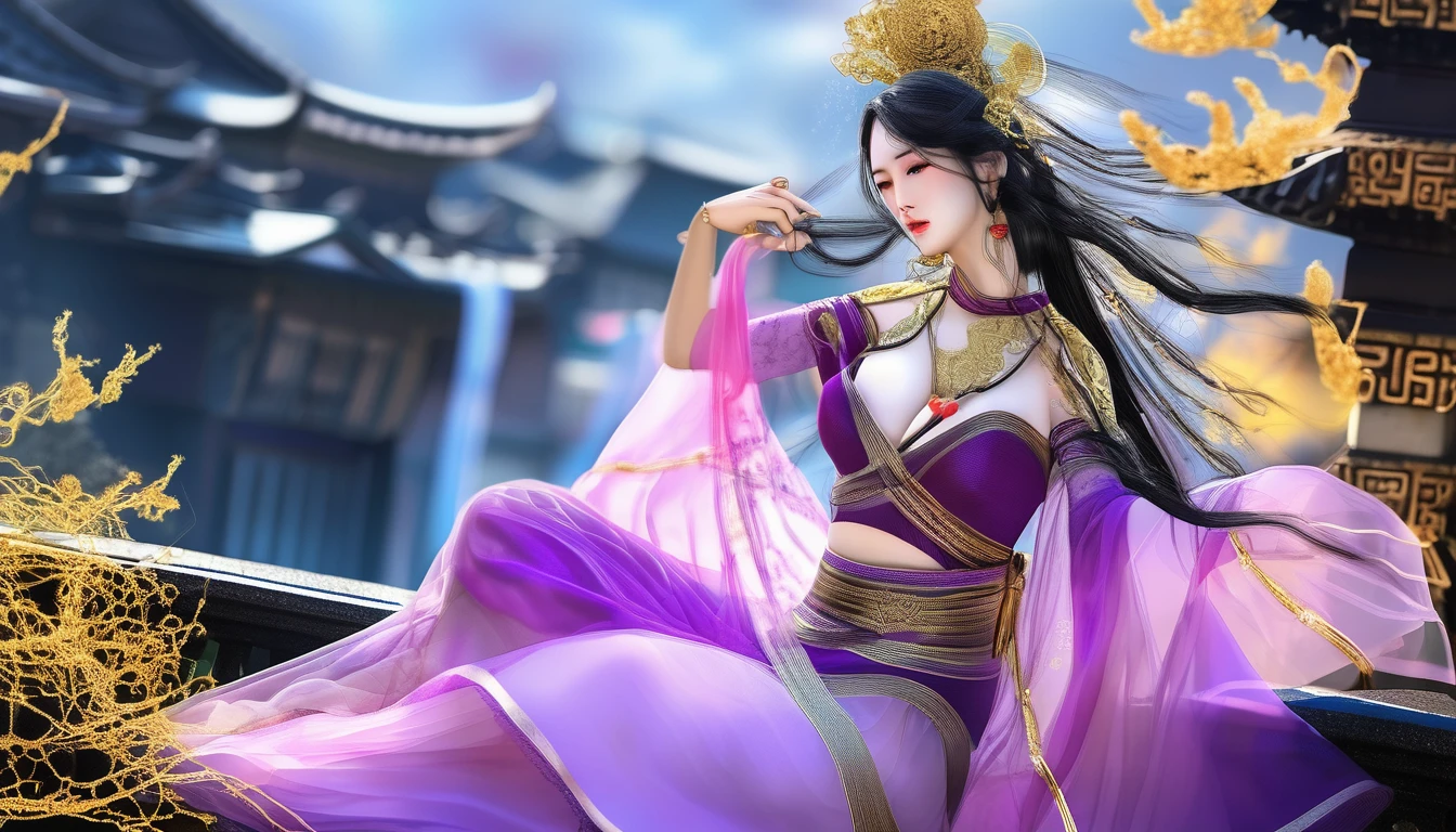 穿着华服的神明Strike a pose拍照, Ancient Goddess, Traditional Beauty, if, Beautiful goddess, Gorgeous role-playing, high, Beautiful young girl, Beautiful woman, 华丽Beautiful woman, Complex clothing,Chinese Mystical Aesthetics, Beautiful Asian girl, Extremely detailed shot of the goddess, Jaw-dropping beauty, Big breasts deep neckline sexy belly button（butt), (bedroom), (Sexy Girls), masterpiece, best quality, Bangs, blush, Chest, clavicle, Eyebrows visible through hair, (Gradient purple gold hair), Jewelry, Long hair,Bright Eyes, ring, (solitary), illustration, fashionable, miss, Strike a pose, background, element, confident, Express, Accessories, majestic, striking, key point, Dynamic poses, ((plump)), (black))Woman in transparent dress,Viewer,(((Full breasts, Keeley University))),Slim waist,(Navel exposed,Bare waist), Long hair, extreme detailed details, Detailed fantasy art, Stunning character art, Beautiful and exquisite character art, Beautiful transparent dress, Very detailed, Large Breasts，饱满Chest，Golden ratio figure，Perfect body，Ultra wide-angle shooting，Full body shot拍摄，Body close-up，Full body shot，Wearing a pleated tulle skirt，柔和动漫illustration, 柔和的深色background，Fujifilm XT3 Clear focus, f 5.6, High Detail, Clear focus,(Wearing openwork clothing),, (Natural light), (Tempting)translucent, Good velvet quality, Compared, Divine Light,, Silver hair, 天空background, Absolute Strength,Female Shinmei，穿着性感丝绸的Female Shinmei,，Large Breasts，饱满Chest，Golden ratio figure，Perfect body，Ultra wide-angle shooting，Full body shot，Body close-up，Full body shot， Wearing a tulle dress, Model shooting style, Large Breasts，饱满Chest，Golden ratio figure，Perfect body，(Extremely detailed CG 8k wallpaper unit), The most beautiful artistic photos in the world, , 8K Ultra HD, ) on the beach，Lazy gesture，Charming and seductive expression，best quality,masterpiece,Ultra-high resolution,(Practical:1.4),original photo,Ultra-high resolution