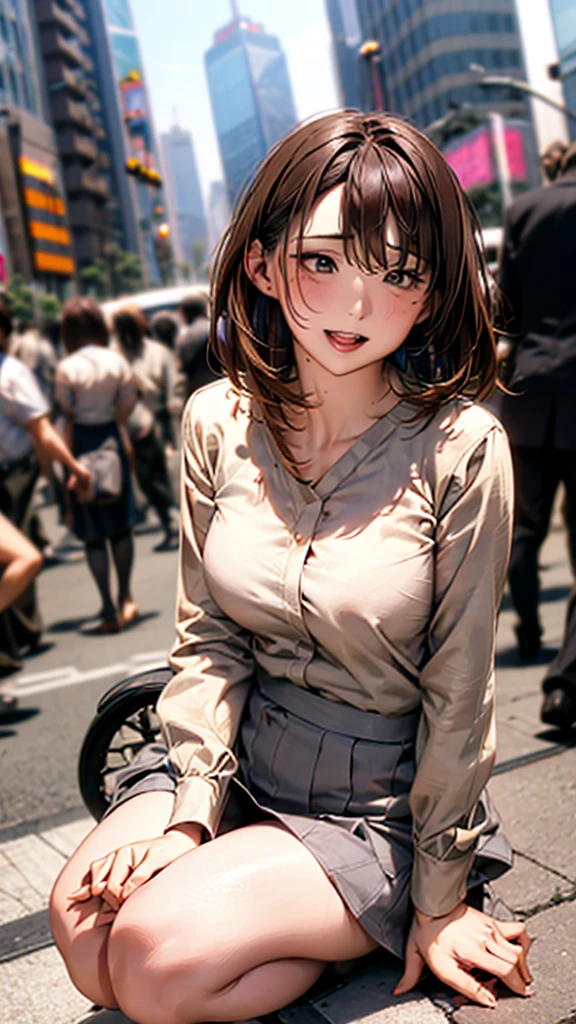 Skyscrapers in the background,masterpiece,Highest quality,High resolution,Anatomically correct,Sweat,Grey suit,pantyhose,shirt,Spread your legs,Spread your legs,Glowing Skin,Forehead,Messy Hair,Long Bob,Fall to the ground,Panting