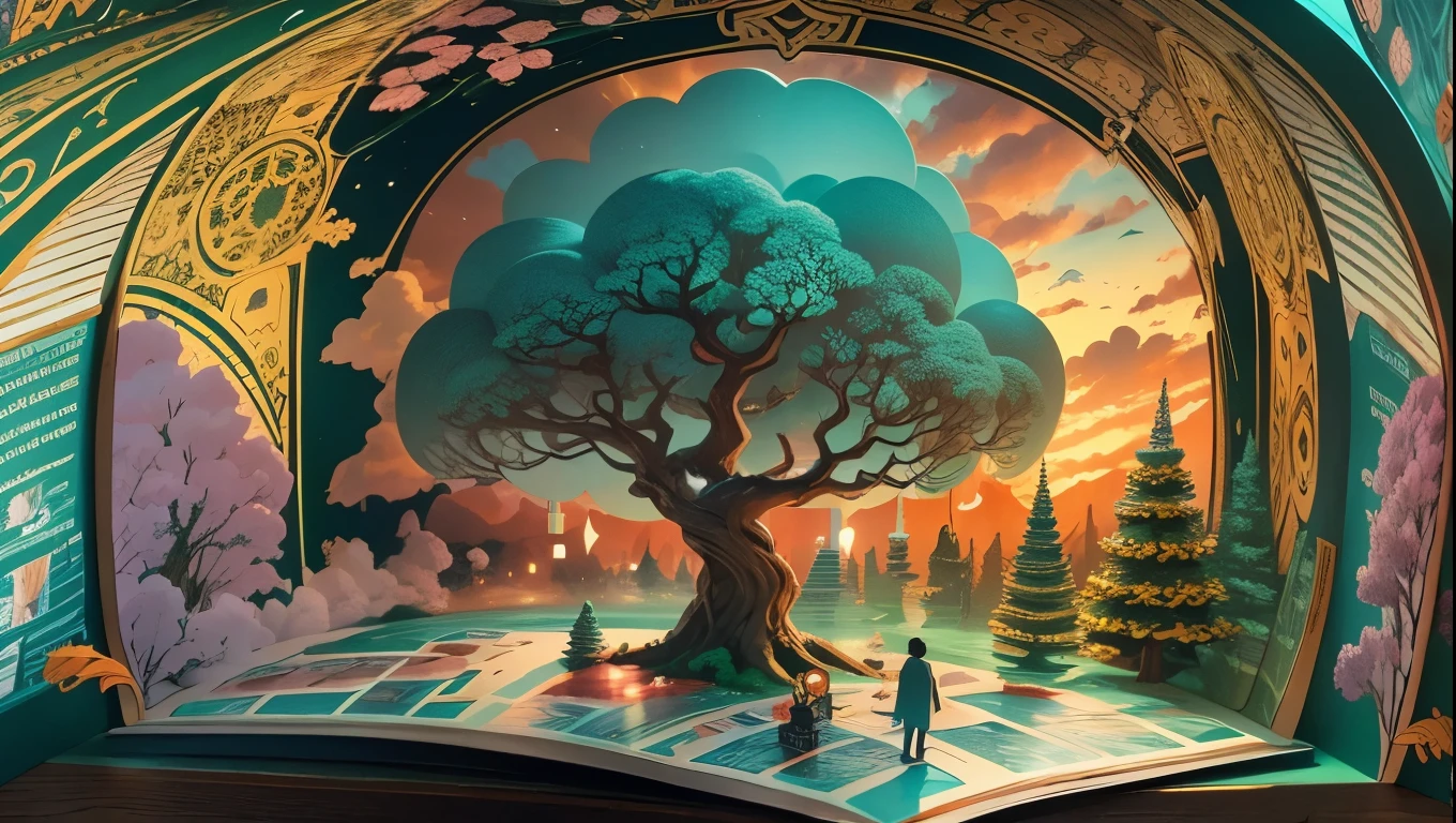 (Pop-up Books:1.5),(Sky tree),(Colorful、Highest quality、Attention to detail、masterpiece、Folk art、Cinematic Lighting Effects、4K、Chiaroscuro)