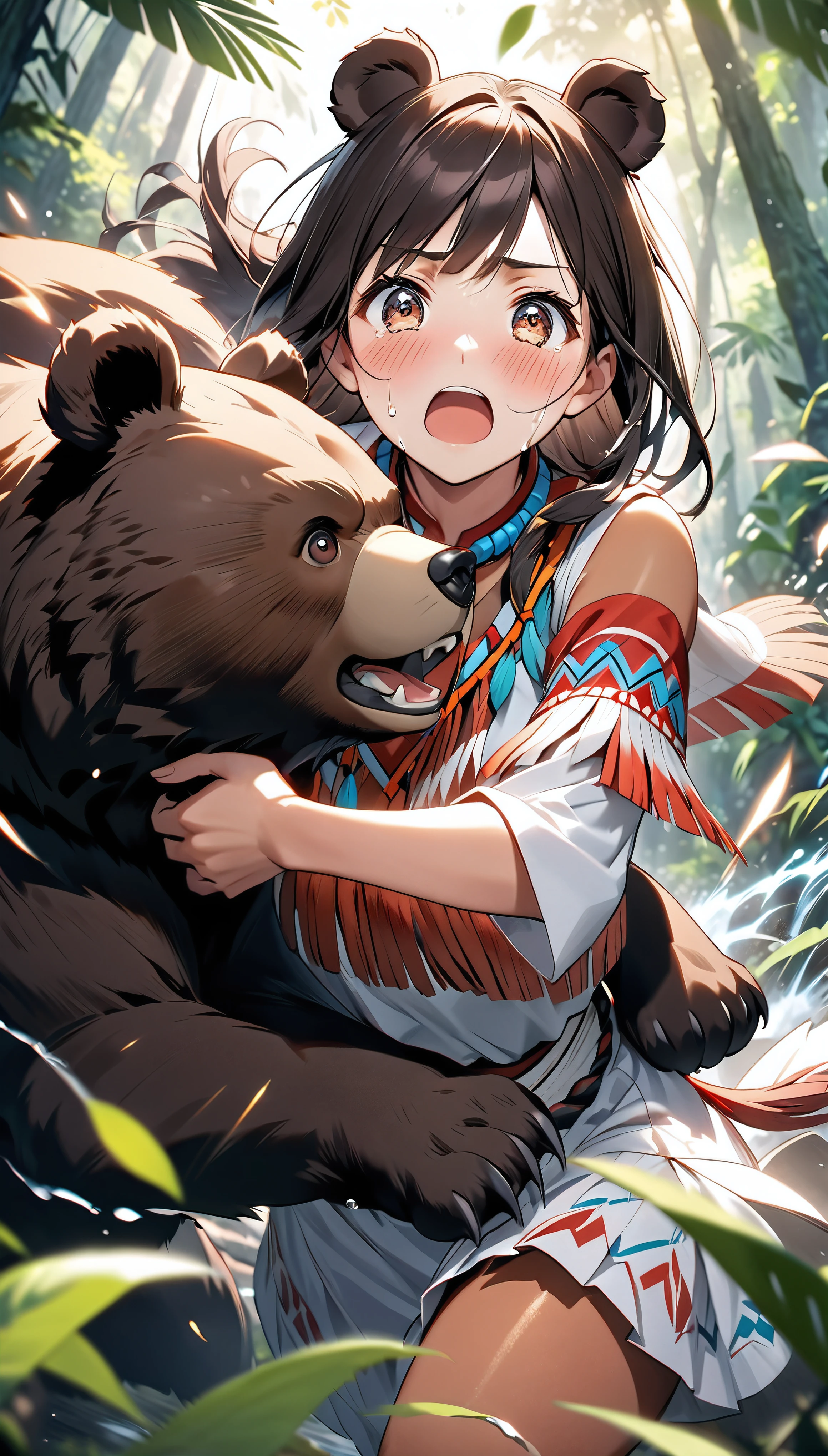 ((Native Indigenous People), Attractive looks, Mature Adult, Realistic Babe),
BREAK (tanned dark brown skin:1.3), Detailed and glossy texture, Shaking breasts,
BREAK Running towards the viewer, Crying while approaching, While scattering large tears, Approaching with great force, Dynamic Motion Blur, Dynamic action scenes, Anatomically correct,
BREAK The bear is chasing me, A jungle of vibrant colours, Native American being chased by a bear,
BREAK Detailed description of the bear, A bear chasing you relentlessly, ((Heart-eyed bear)), Approaching from behind, Dynamic Motion Blur, dynamic motion, Anatomically correct,
BREAK Native American crying and asking viewers for help, Crying face, Watery eye, blush, A plea to the viewers, Desperate, Crying, Spilling tears,
BREAK (((A glimpse into the viewer, Approaching with affection, Eyes that captivate the viewer, The urge to embrace the viewer))), Captivating woman,
BREAK (Native American being chased by a bear), A fateful encounter in the jungle, Dramatic composition, Cinematic lighting that aesthetically enhances the subject, (wide Dynamic shot),
BREAK Highest quality, Highest Resolution, Optimized Octane Rendering, super retina vision,