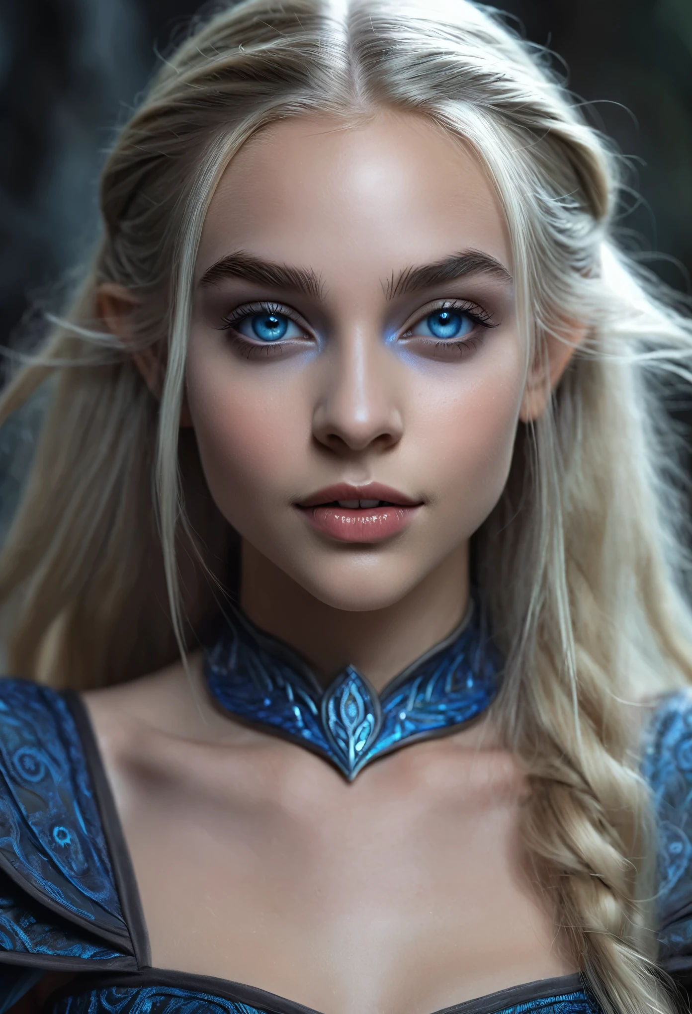 Portrait of a dark elf drow beautiful teenager, Sydney Cole, intricate dress, soft smile, huge natural lips, long blonde hair, blue-grey eyes, realism, digital painting, concept art, smooth, sharp focus, rule of thirds, Style-Psycho
