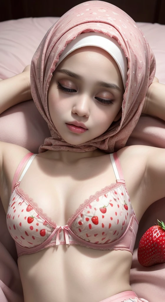 ((SLEEPING BEAUTY)), ((EYES WIDE )), ((OPEN BIG HUGE EYES)), Very Thin body (Wearing Bra Lingerie), (((HIJAB MALAY GIRL))), masutepiece, High quality, UHD 32K, Realistic face, Realistic skin feeling , A Malay Lady, . ((Face cute like a baby)), ((STRAWBERRIES PATTERN)) pinky pop