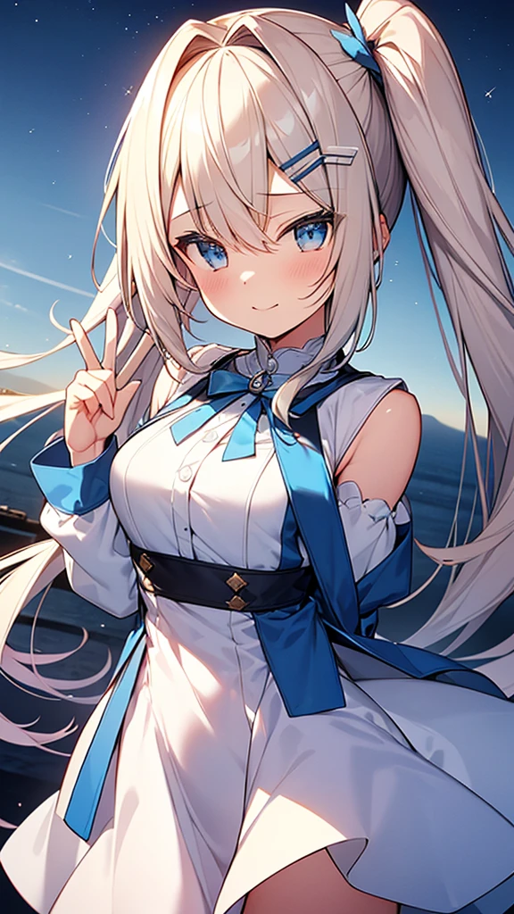 Are standing.Tabletop, Highest quality,shape, wallpaper, Very detailed, An absurdly beautiful sky, 1, blonde,Two-tone hair,Blue inner color hair, Very detailed and beautiful eyes , Hair blowing in the wind、:○、Small Head、Beautiful night sky、(Panorama:1.5),A heart is drawn in the eye,Twin tail hairstyle,beautiful girl,pretty girl,smile,look up,Large Breasts,White and light blue ruffle dress,Gal,Raise your arms high,peace sign,She has two blue hairpins in her hair.,