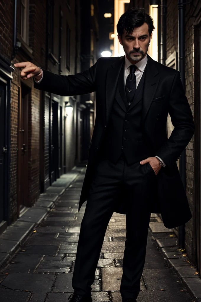 1man, middle aged, blurry, blurry background, british, black hair, short hair, dark brown eyes, (black coat, suit and tie, shoes), facial hair, formal, hand in pocket, (pointing pistol at the viewer), lens flare, male focus, necktie, solo, standing, suit, midnight, dark alleyway, noir lighting, danger atmosphere.
