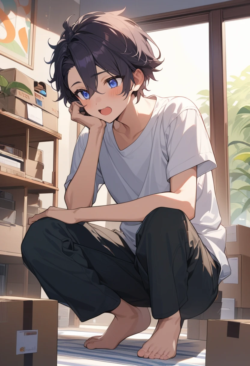 masterpiece, best quality, extremely detailed, ultra detailed, flat anime, 2D, ((1boy)),black hair, (short hair:1.5),blue eyes, height 1.7meters, (circle eyes:1.2), (young adult:1.2), Ear-length sideburns, long Sleeves, White T-shirt, barefoot, ((short sleeves)), ((long pants)), squatting, open mouth, summer, 12AM, livingroom,organizing the boxes., ((portrait)),full body