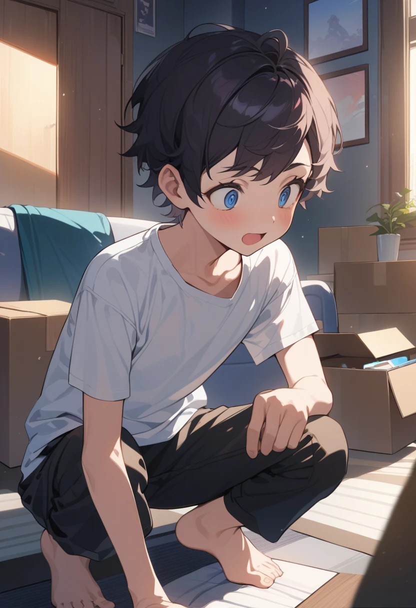 masterpiece, best quality, extremely detailed, ultra detailed, flat anime, 2D, ((1boy)),black hair, (short hair:1.5),blue eyes, height 1.7meters, (circle eyes:1.2), (young adult:1.2), Ear-length sideburns, long Sleeves, White T-shirt, barefoot, ((short sleeves)), ((long pants)), squatting, open mouth, summer, 12AM, livingroom,organizing the boxes., ((portrait)),full body
