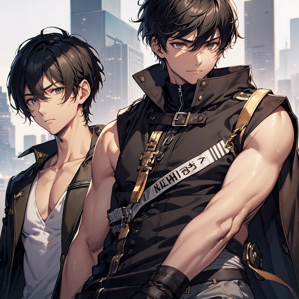 1 young man, focus man , No smile, human, Alpha , short hair, black hair, light black eyes , tan skin, Wear a tank top inside., wearing a military coat , omegaverse, The best aesthetics , best quality, Amazing quality, The best aesthetics
